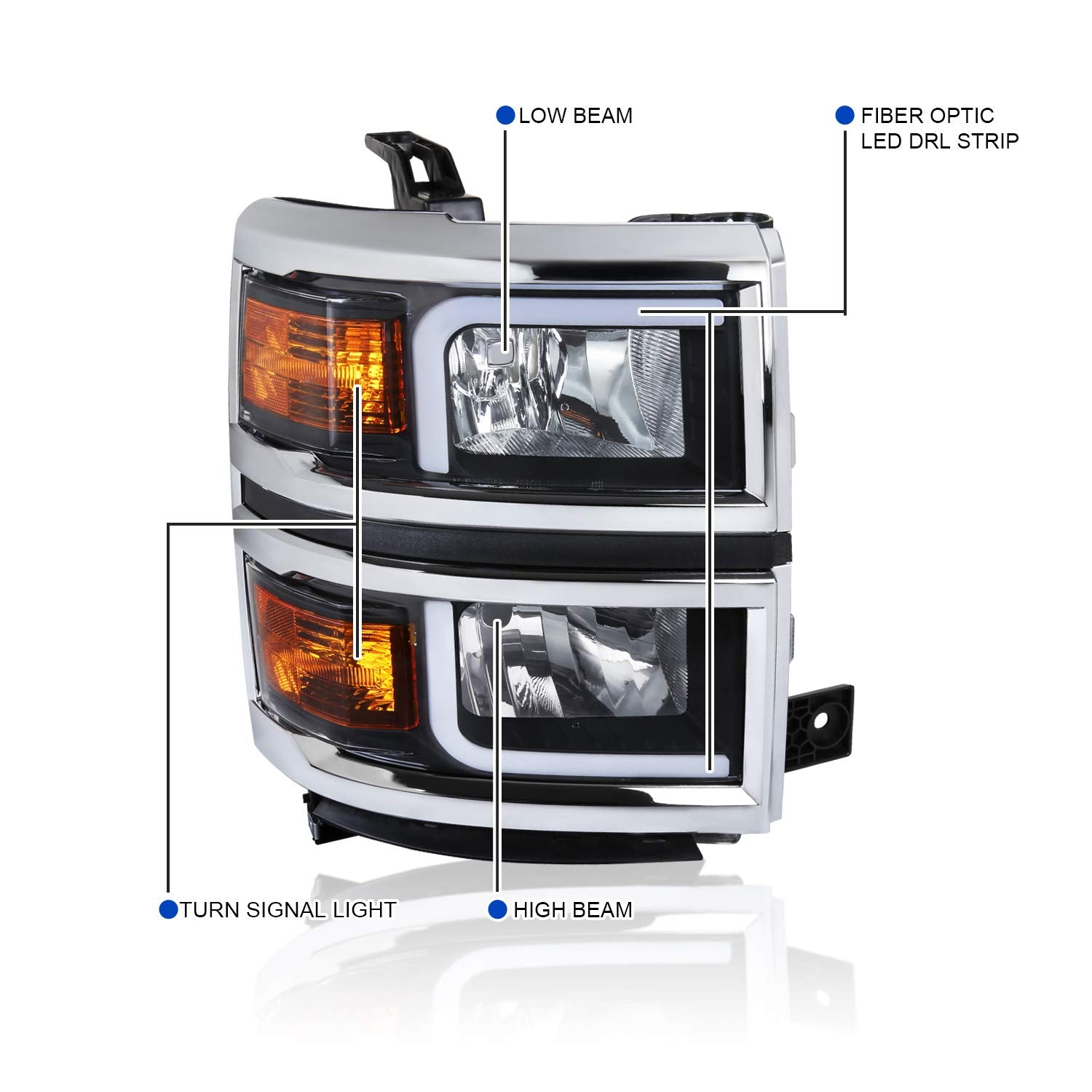 Black SPEC-D TUNING Headlights w/LED Light Bar and Silver Trim Compatible with 2014-2015 Chevy Silverado 1500, Left + Right Pair Headlamp Assembly