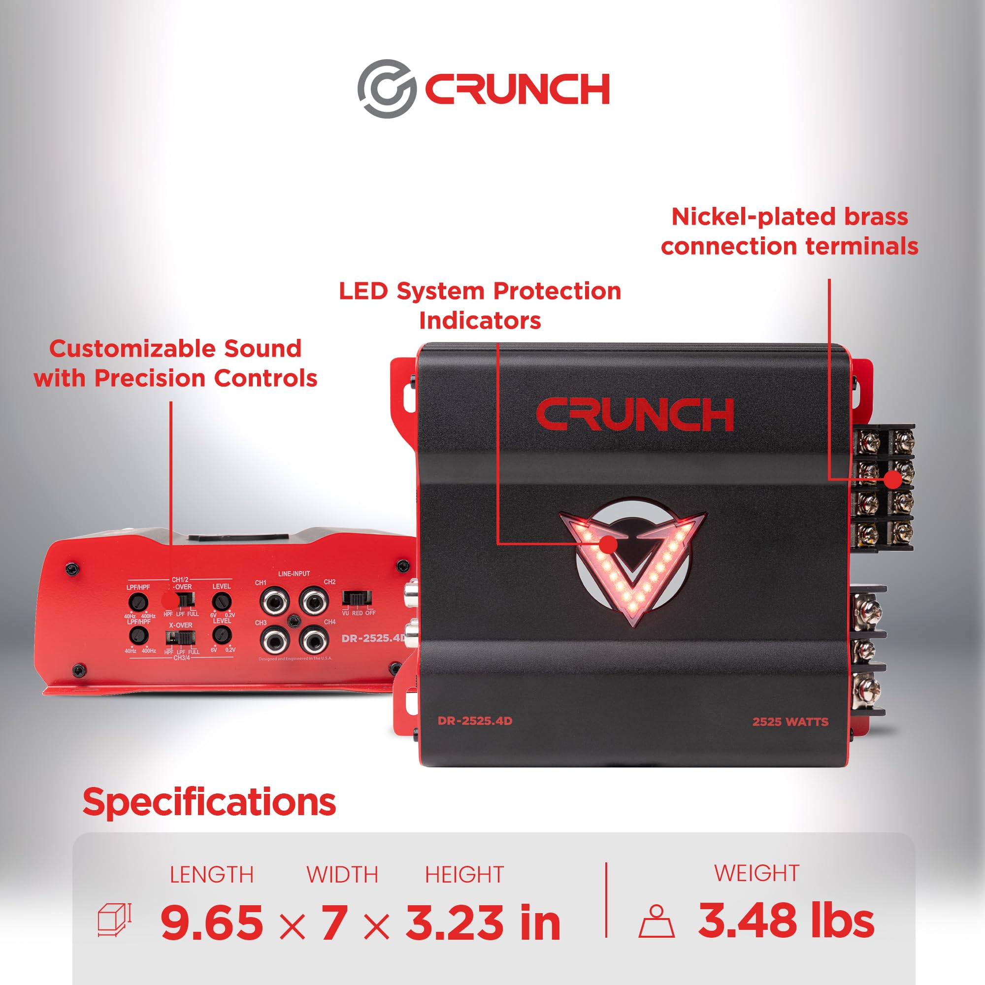4 Channel Crunch 2525W Car Audio Subwoofer Amplifier with Adjustable Crossovers, Bass Knob & Remote, LED VU-Meter, QTD Cooling and PWM Power Supply