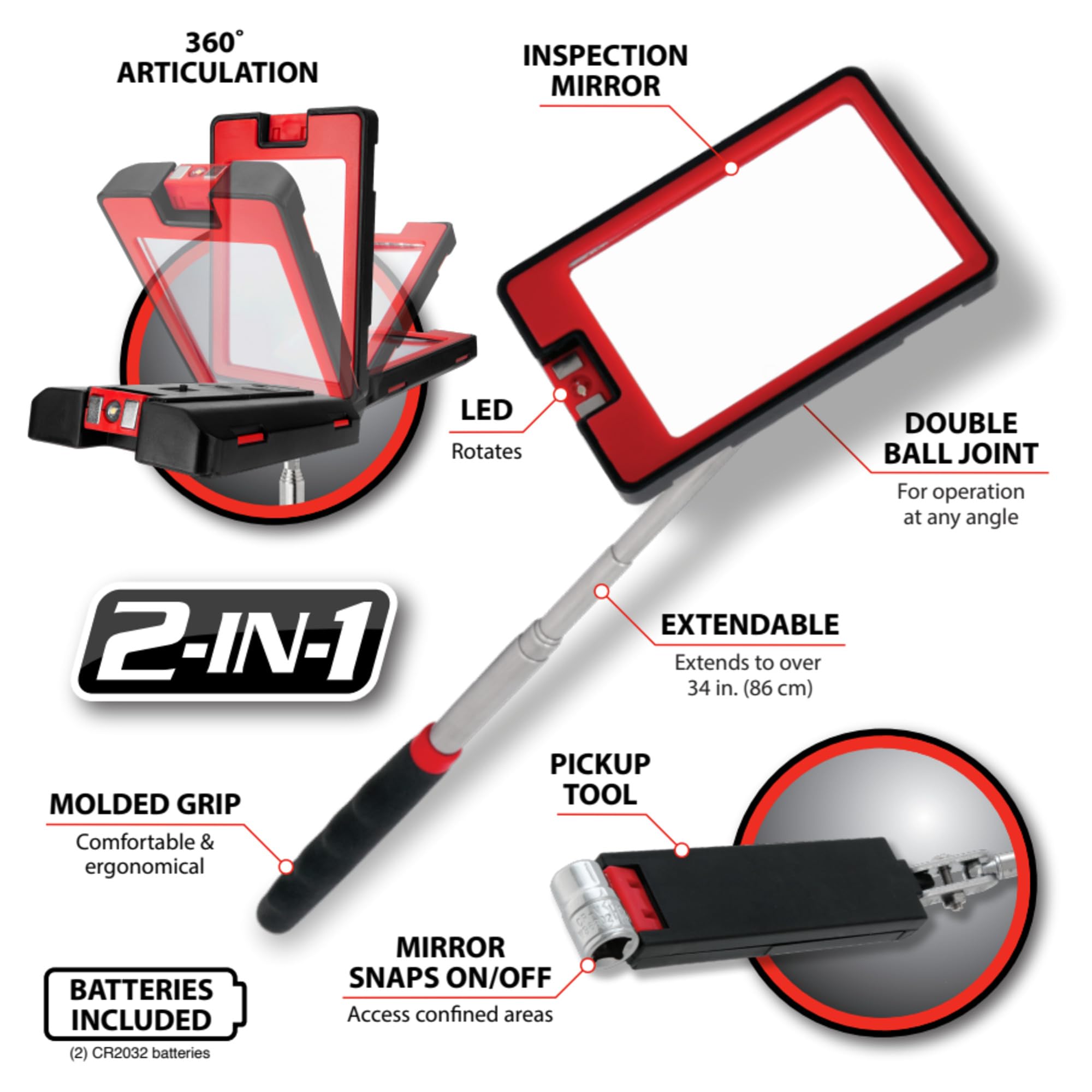 W1263 Performance Tool 34-Inch LED Extendable 2-in-1 Inspection Mirror and Pickup Tool