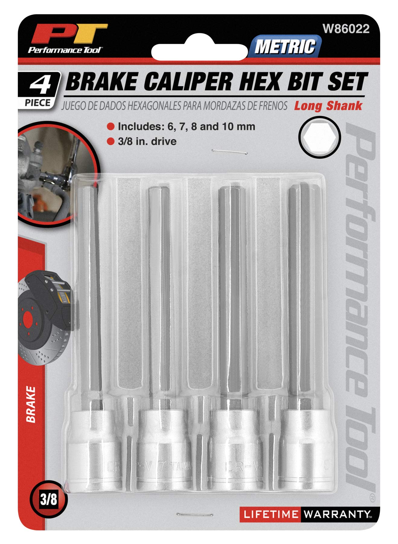 4pc Performance Tool W86022 3/8-Inch Drive Long Brake Caliper Metric Bit Set