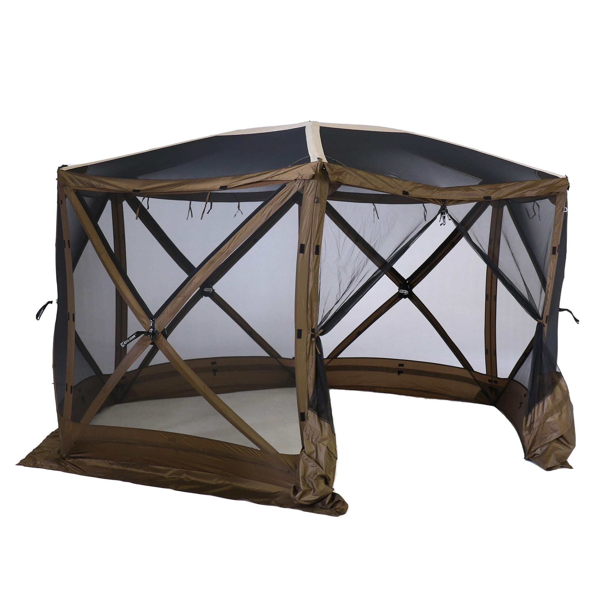 Quick-Set CLAM Escape Sky Camper 11.5’ x 11.5’ Pop-Up Outdoor Gazebo Instant Screen Tent 6-Sided Canopy Shelter w/Ground Stakes & Carry Bag, Brown