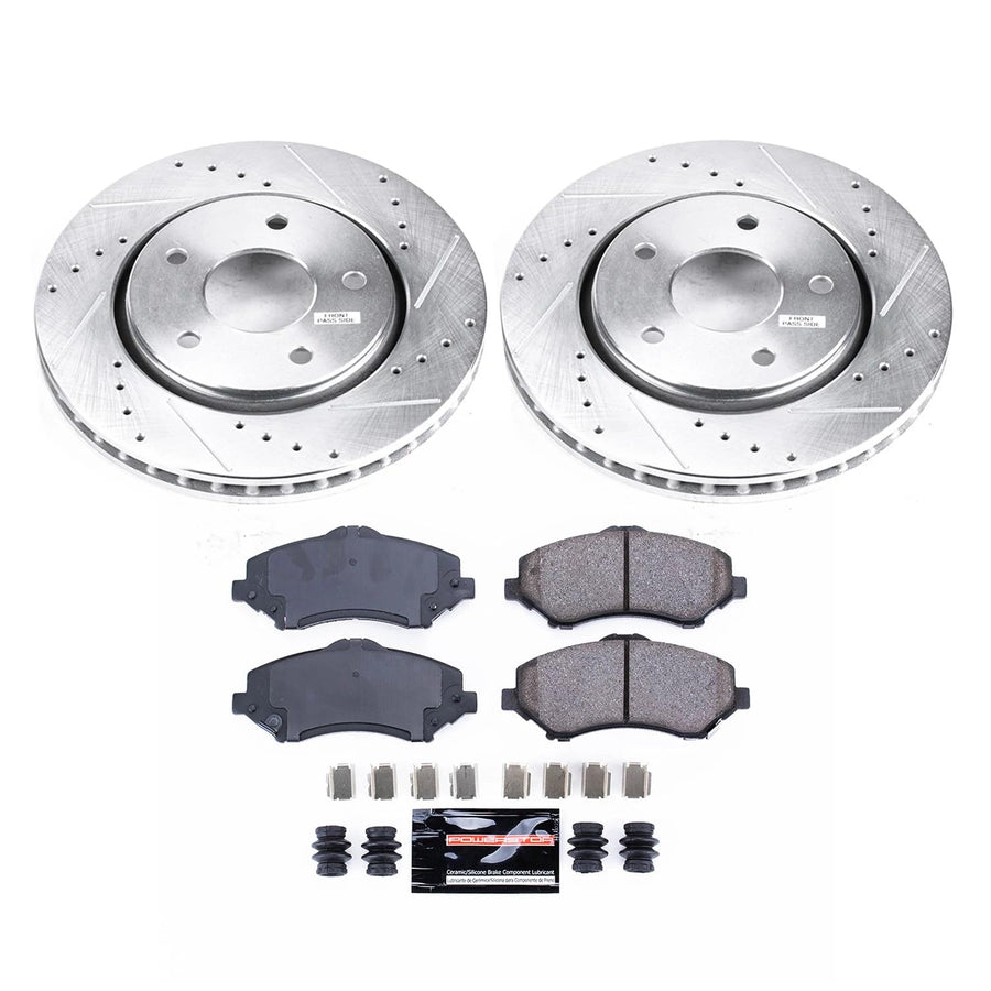 Power Stop K3118 Z23 Carbon Fiber Brake Pads with Drilled and Slotted Brake Rotors Kit For Chrysler Town & Country | Grand Caravan | Journey | VW Volkswagen Routan [Single Piston Caliper Models]