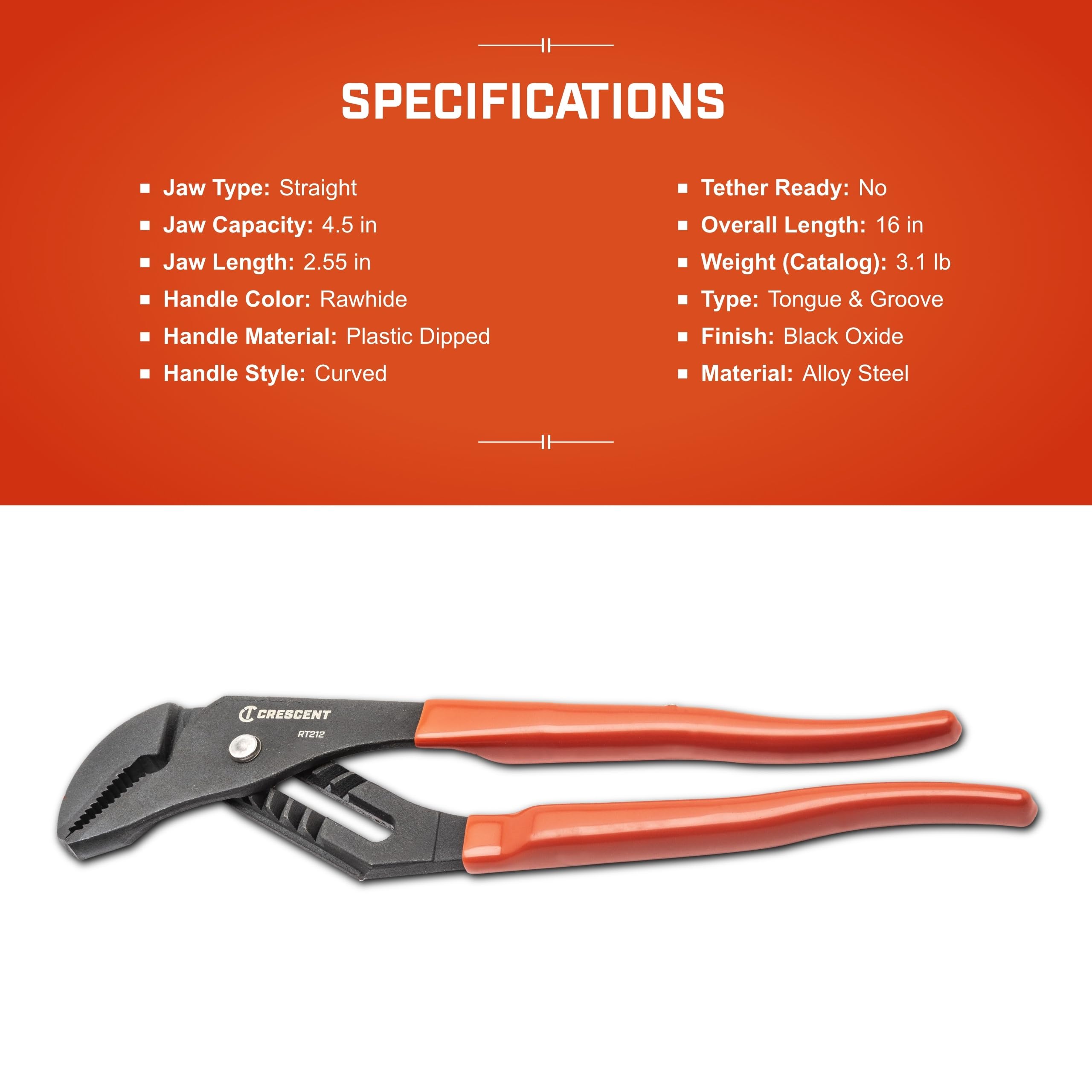 Crescent 16" Dipped Handle Straight Jaw Tongue & Groove Pliers - Adjustable Tool for Home Improvement & Plumbing Tasks - Black Oxide Finish - RT216CVN-06