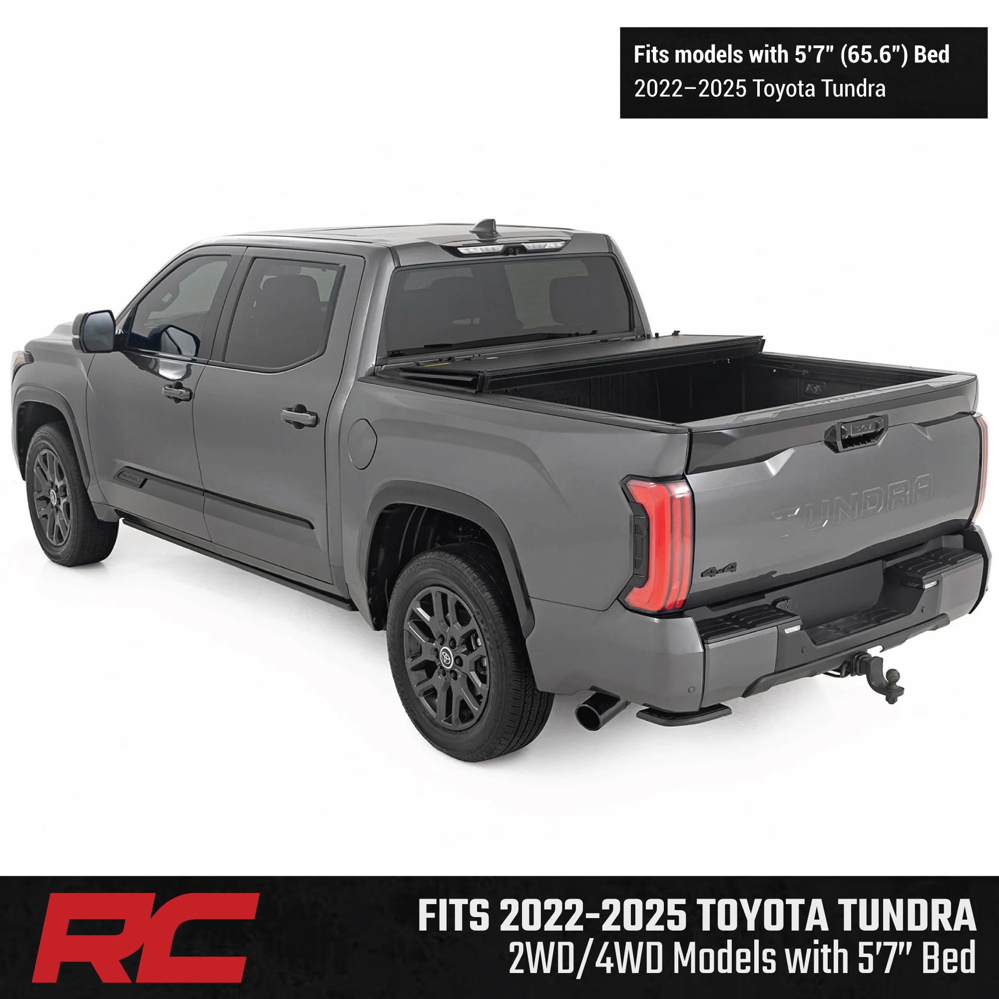 Rough Country Tonneau Cover Hard Tri-Fold for Toyota Tundra (2022-2026) - Aluminum Flip-Up Bed Cover, Fits 5'7 (65.6") Bed