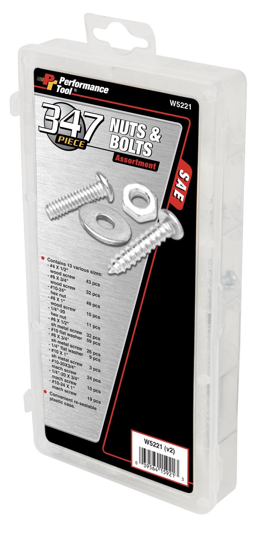 W5221 Performance Tool 347pc SAE Nuts & Bolts Assortment With Case