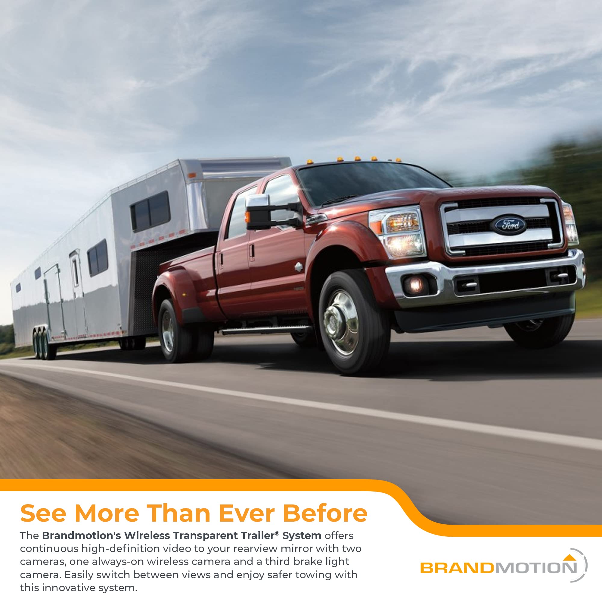 Wireless Transparent Trailer System Brandmotion w/ Dual Rear Cameras and Display Mirror Compatible with Ford F-150 (2015-Current) and Super Duty (2017-Current) - Edge to Edge Image Mirror Easy Install