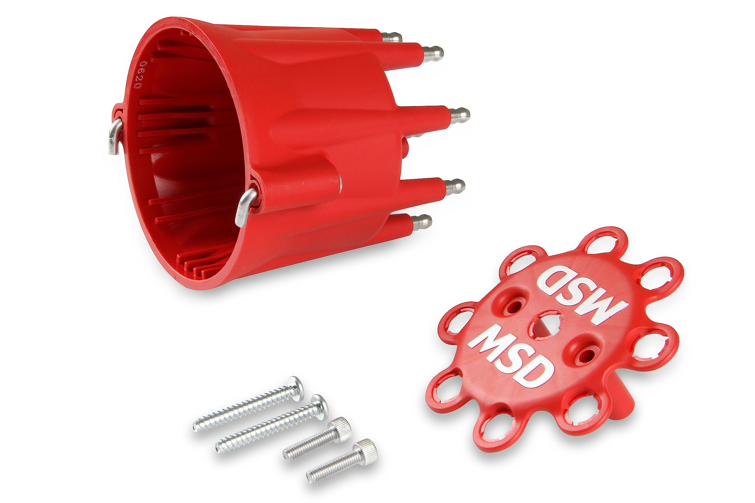 Red MSD 8433 V8 Distributor Cap With HEI Terminals and Spark Plug Wire Retainer