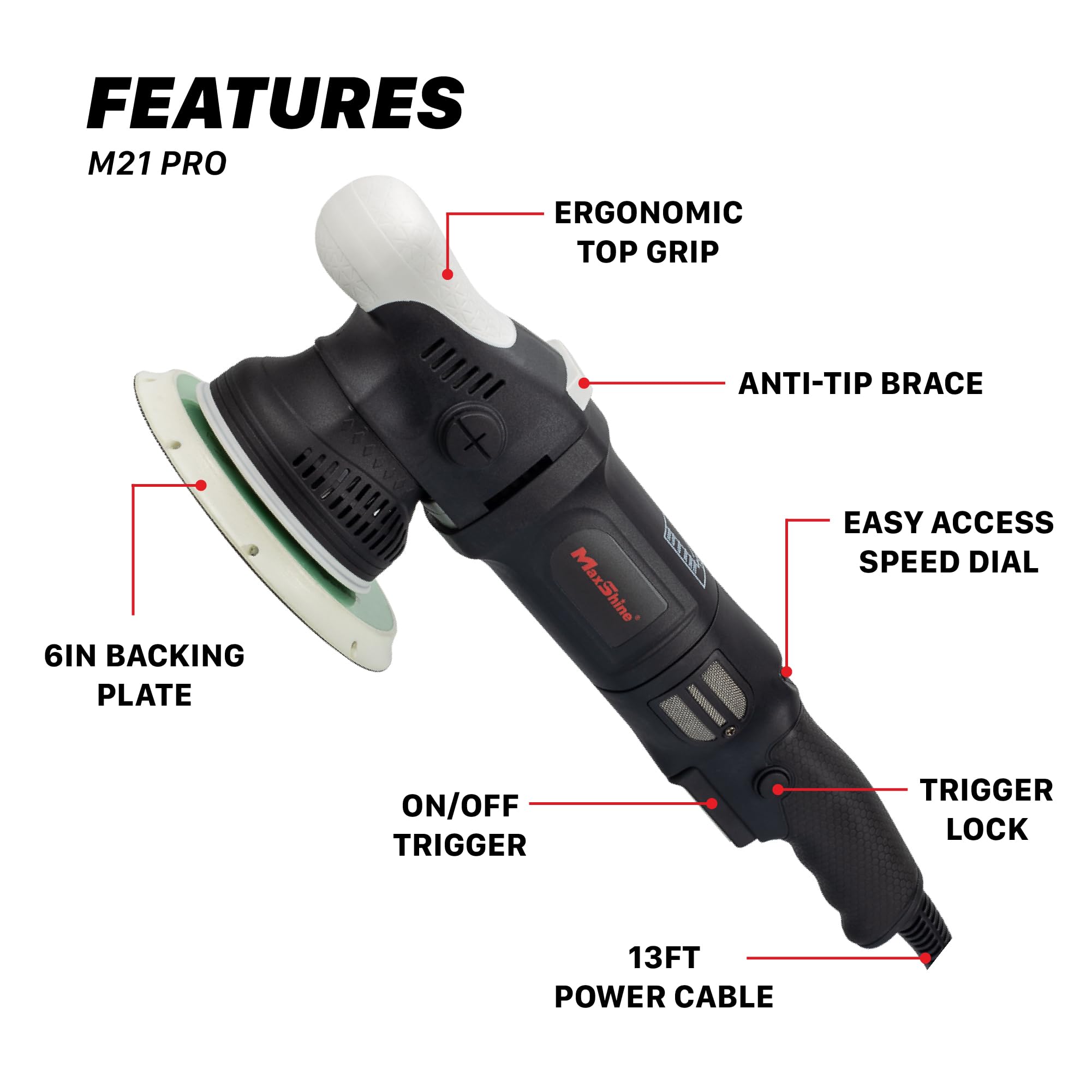 M21 Pro Maxshine Dual Action Polisher | 21mm Throw, 6” Backing Plate, 1000W Motor | Variable Speed, Ergonomic Grip, Low Vibration | Auto, Boat & Marine Detailing Buffer for Paint Correction