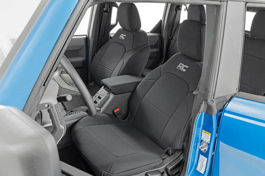 Rough Country Neoprene Seat Covers for 4-Door Ford Bronco (2021-2025 w/No Rear Folding Armrest) - Waterproof & UV Resistant, 4-Layer Protection with Foam Padding, Front & Rear Seat Cover Set