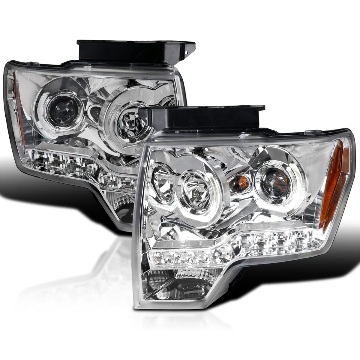 Spec-D Tuning Dual U-Halo Rims Chrome Housing Clear Lens LED Projector Headlights Compatible with Ford F150 2009-2014 L+R Pair Head Light Lamp Assembly