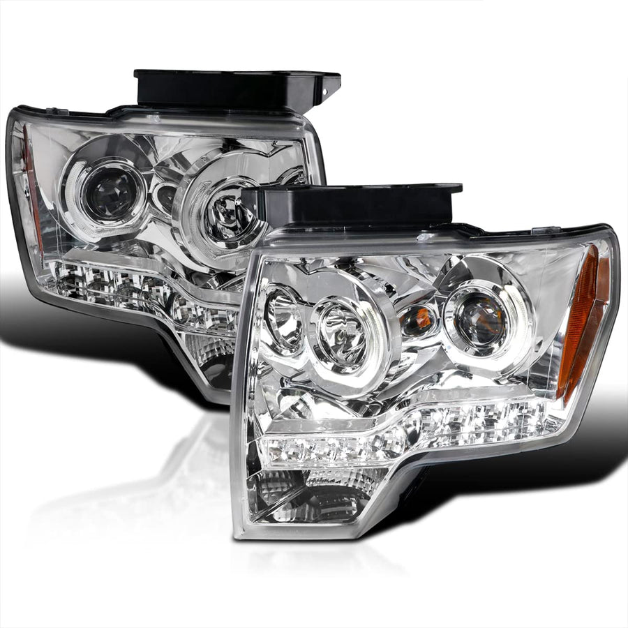 Spec-D Tuning Dual U-Halo Rims Chrome Housing Clear Lens LED Projector Headlights Compatible with Ford F150 2009-2014 L+R Pair Head Light Lamp Assembly