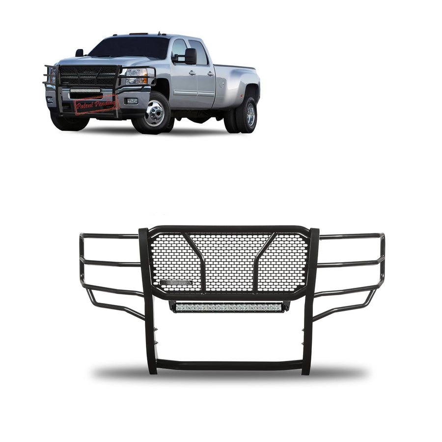 Heavy Duty Black Horse RUGGED Grille Brush Bumper Guard Modular Black Come with 20" Double Row LED Light Compatible with 2011-2014 Silverado 2500 HD|2011-2014 Silverado 3500 HD-RU-CHSI11-B-KIT
