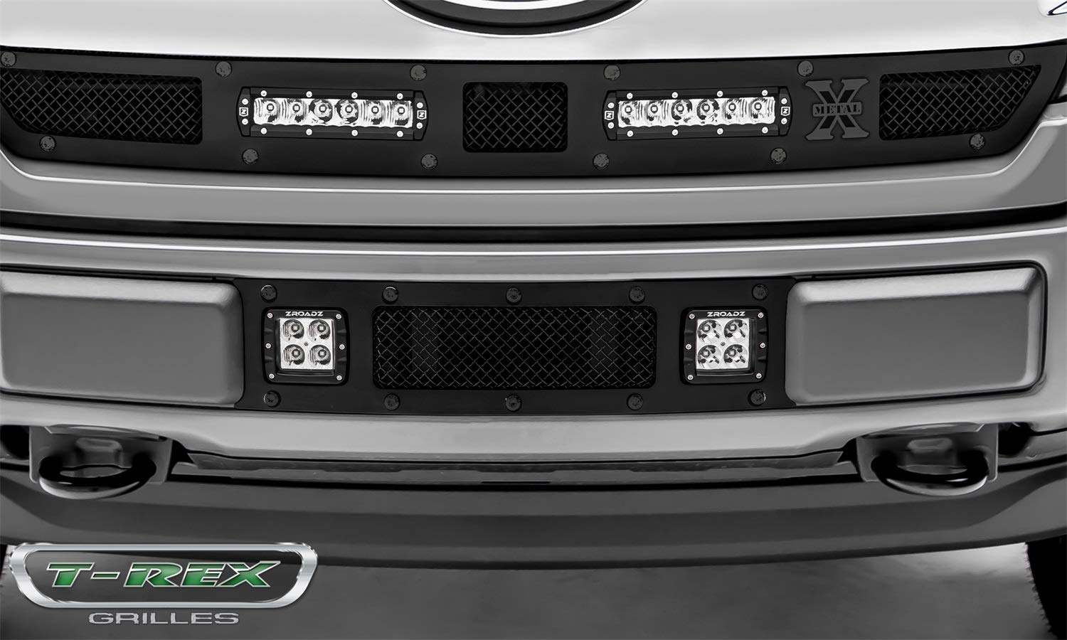 T-Rex Grilles Stealth Torch Bumper Grille 2018-2020 F-150 Limited, Lariat, Black, 1 Pc, Replacement, Black Studs with (2) 3 Inch LED Cube Lights - PN #6325791-BR