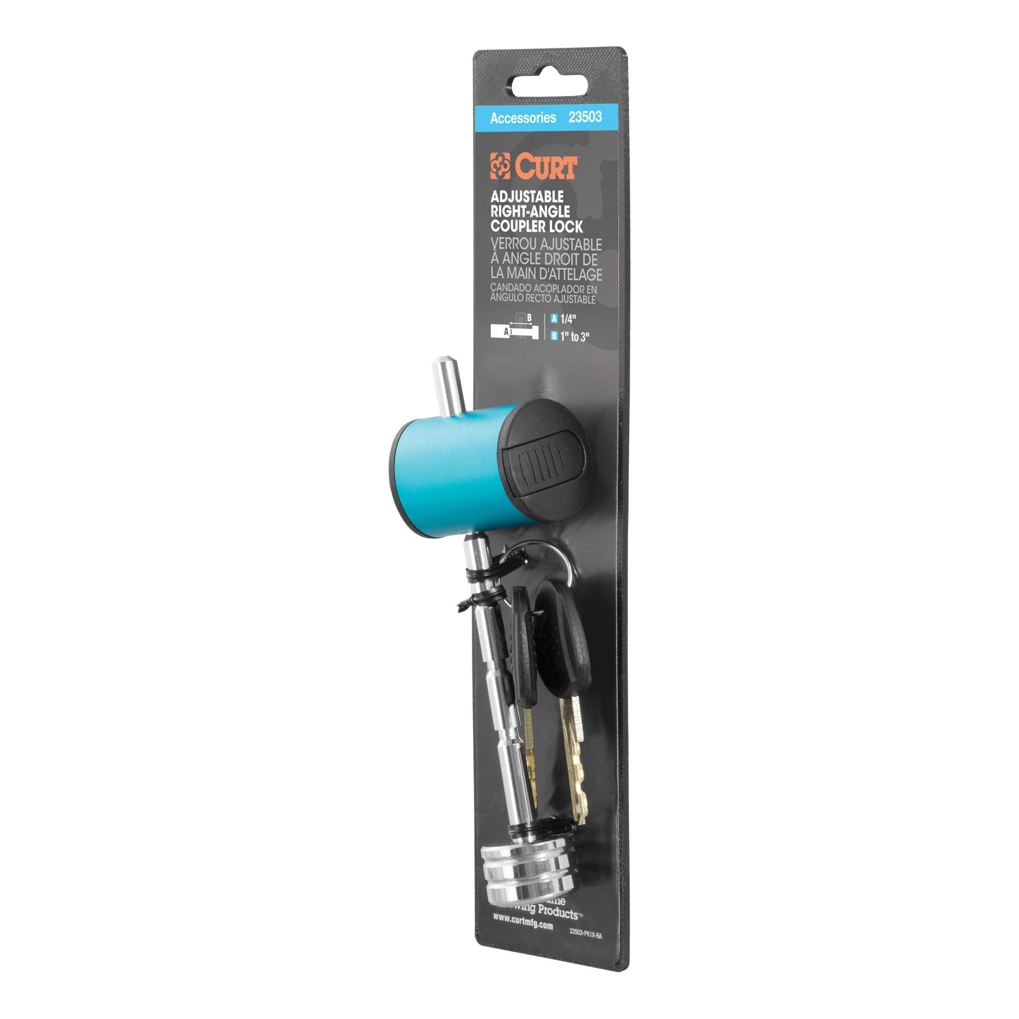CURT Right-Angle Trailer Coupler Lock, 1/4-Inch Pin Diameter, Up to 3-Inch Span, BLUE ANODIZED ALUMINUM