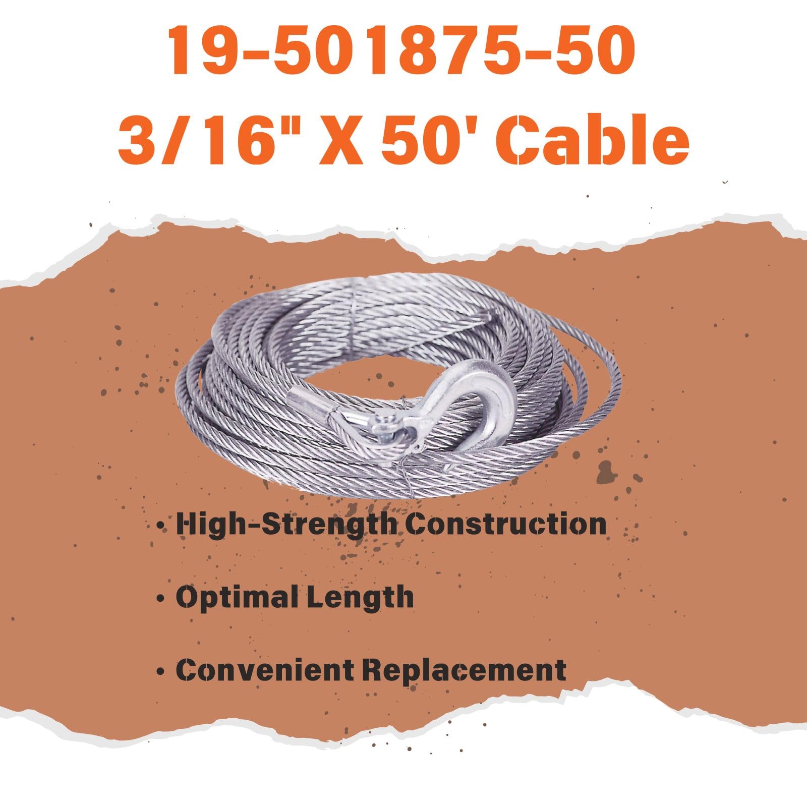 MILE MARKER Single 3/16" X 50' Cable for ATV UTV Use 19-501875-50 | 2,500 lb Weight Capacity | Engineered for Durability and Convenience | Galvanized Aircraft Cable | Hook Not Included