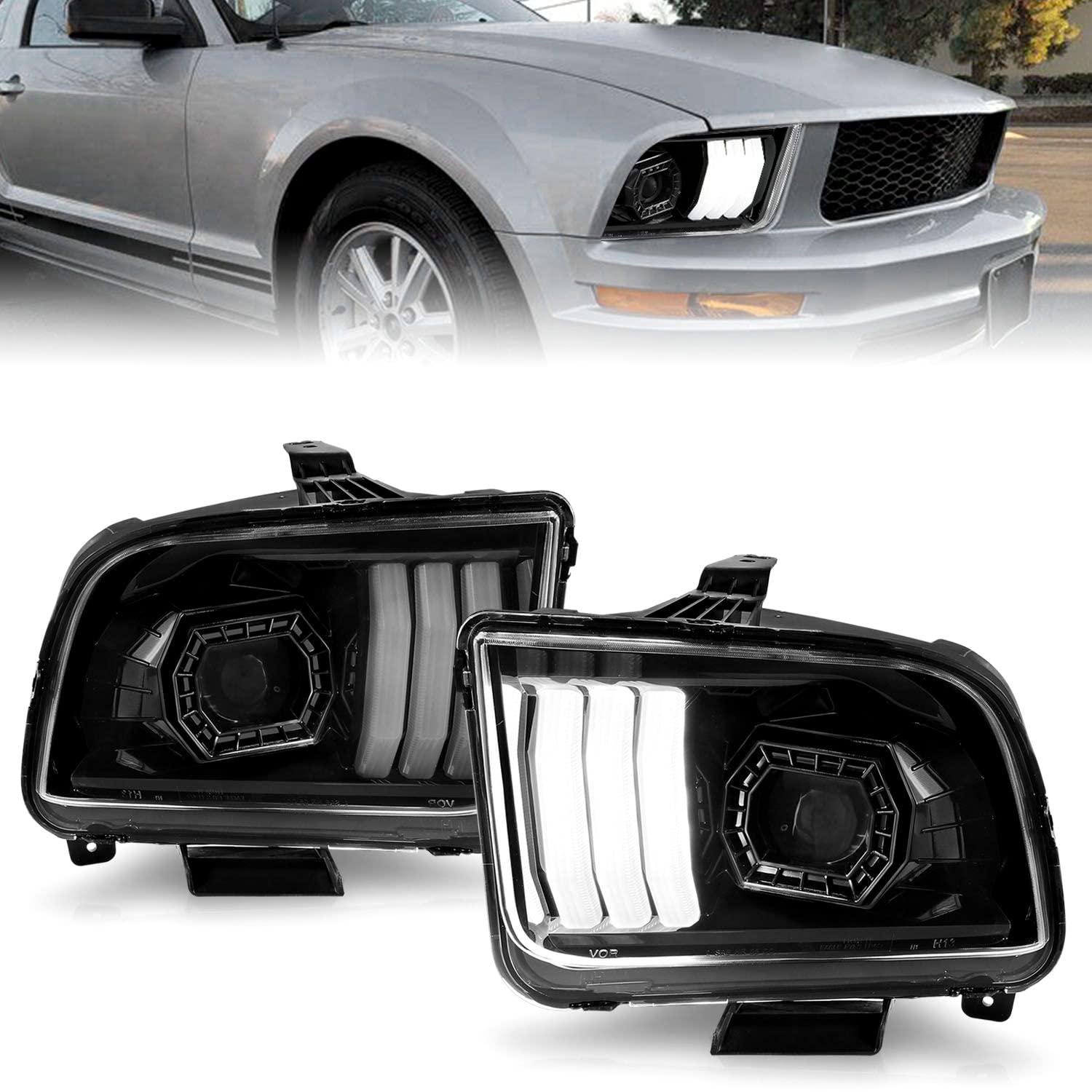 05-09 Ford Mustang ANZO (w/Factory Halogen HL Only) Projector Headlights w/Light Bar Black Housing (121566)