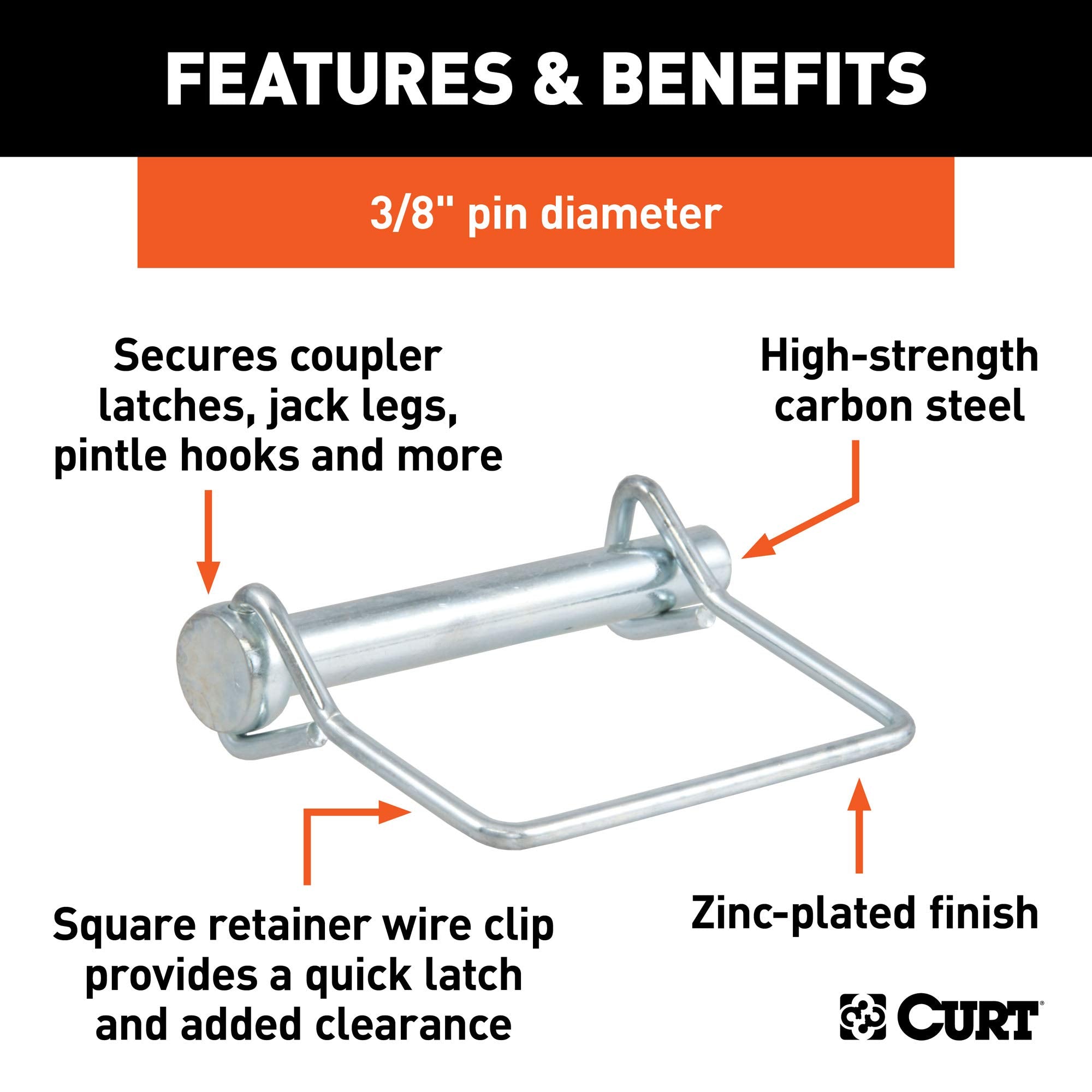 CURT Trailer Coupler Pin, 3/8-Inch Diameter x 2-3/4-Inch Long, Clear ZINC