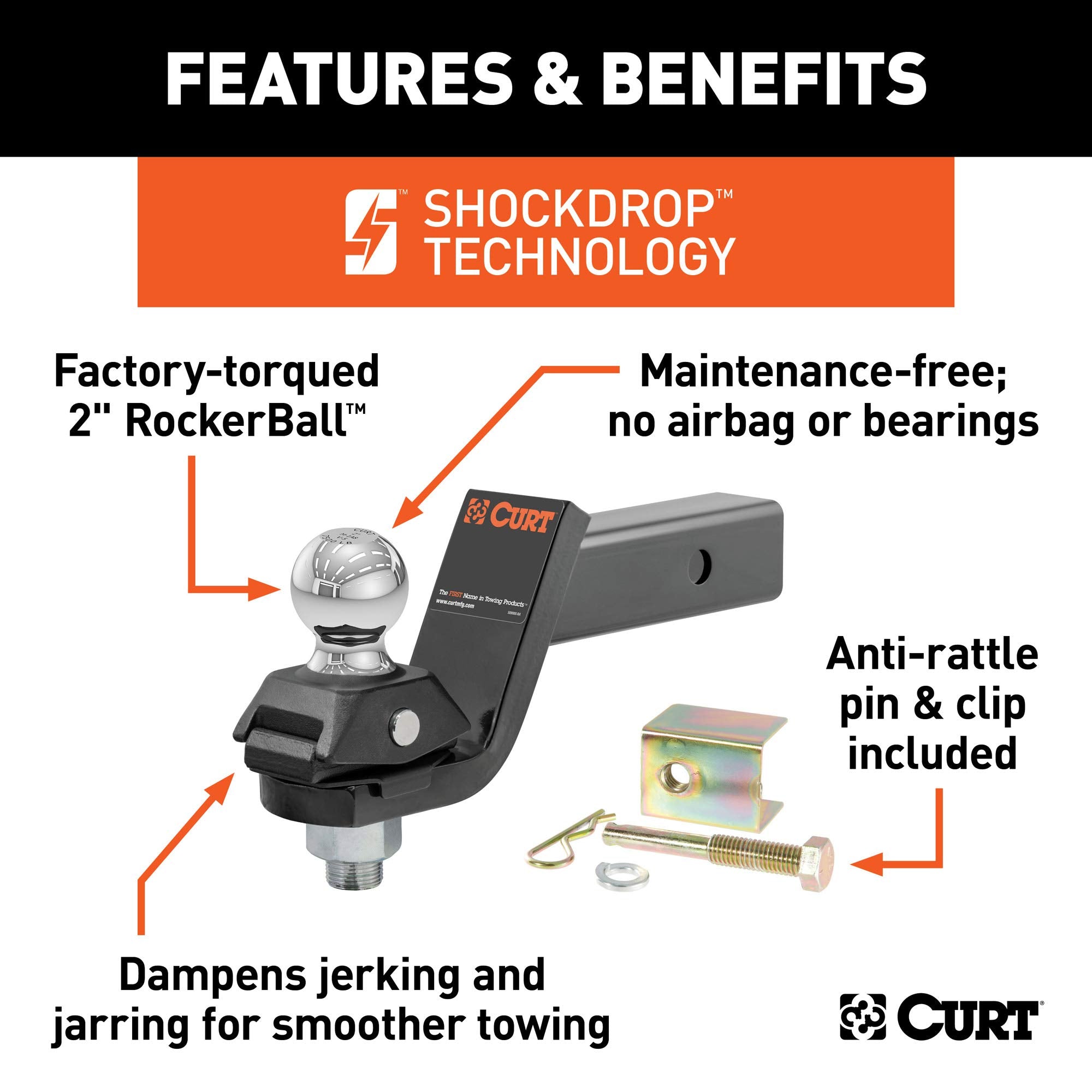 CURT RockerBall 45143 Cushion Hitch Ball Mount, 7,500 lbs 2-Inch Diameter, 2-in Shank, 3" Drop, Anti-Rattle Pin