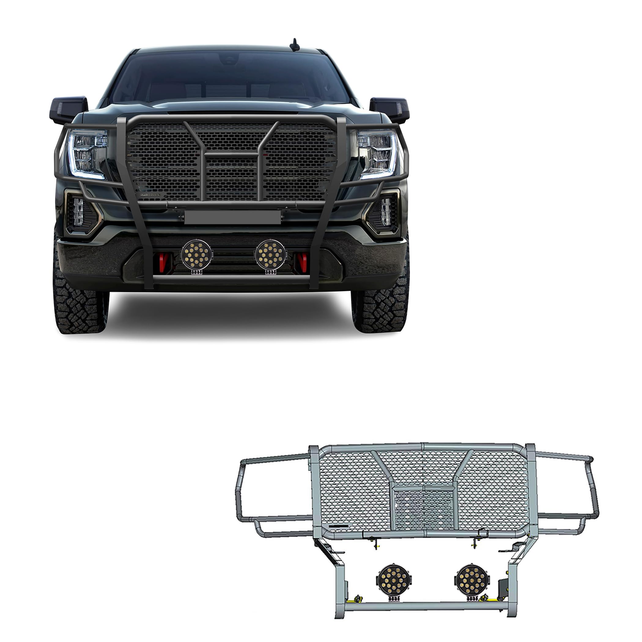 Heavy Duty Black Horse Rugged Grille Brush Bumper Guard Modular Black Come with Pair of 7.0" Dia.LED Lights with Black Trim Rings Compatible with 2019-2021 GMC Sierra 1500-RU-GMSI19-B-PLB