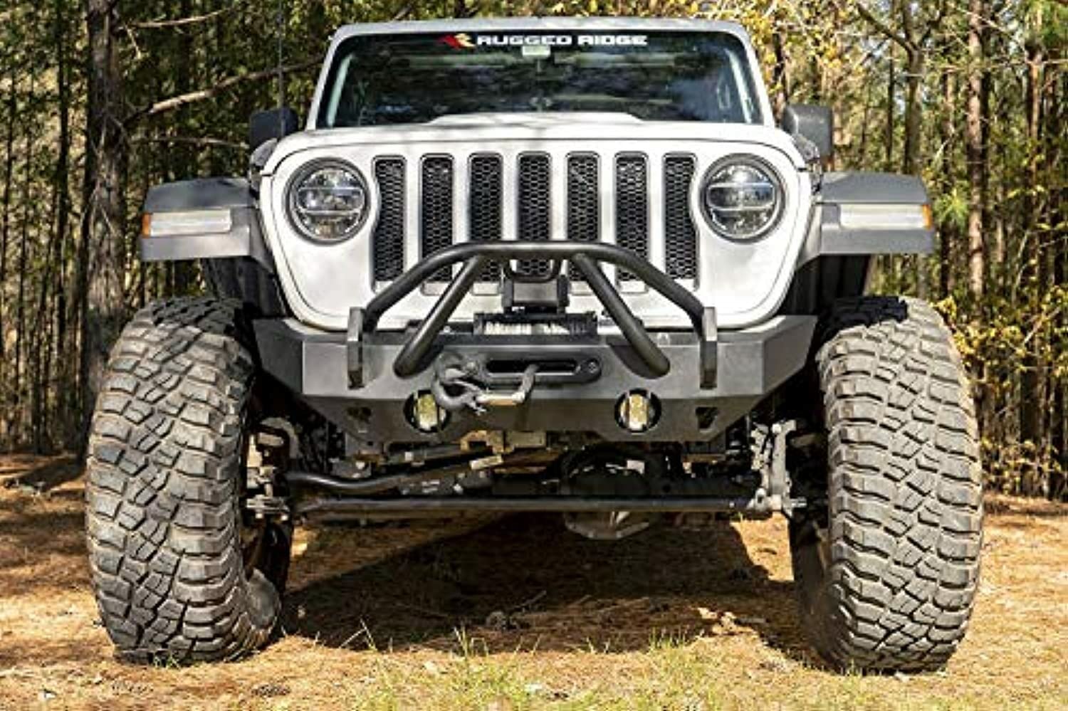 Front Rugged Ridge HD Bumper for Jeep Wrangler/Gladiator | Stubby, Steel, Black | 11540.32 | Fits 2018-2025 Jeep Wrangler JL; 2020-2025 Jeep Gladiator JT