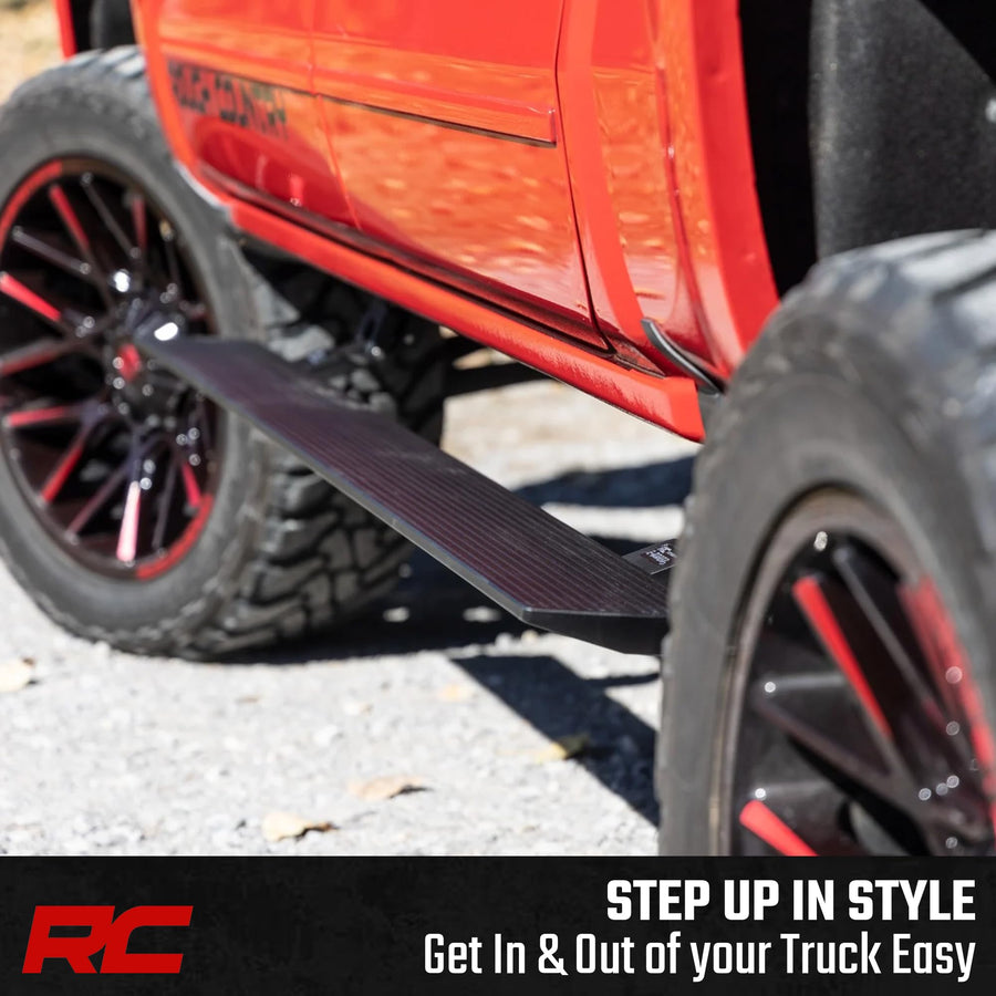 Power Running Boards Rough Country for Chevy Silverado & GMC Sierra 1500 / 2500HD / 3500HD Crew Cab (2014-2019) - Automatic Retractable Electric Side Steps with LED Lights, No-Drill Install