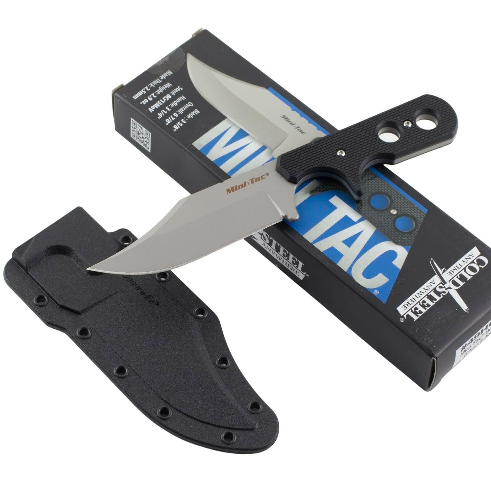 Cold Steel Mini Bowie Tac 3-5/8" Lightweight Durable 8Cr13MoV Stainless Steel Fixed Blade Clip Point Outdoor Hunting Utility Knife, Griv-Ex Handle, Secure-Ex Sheath - Boxed