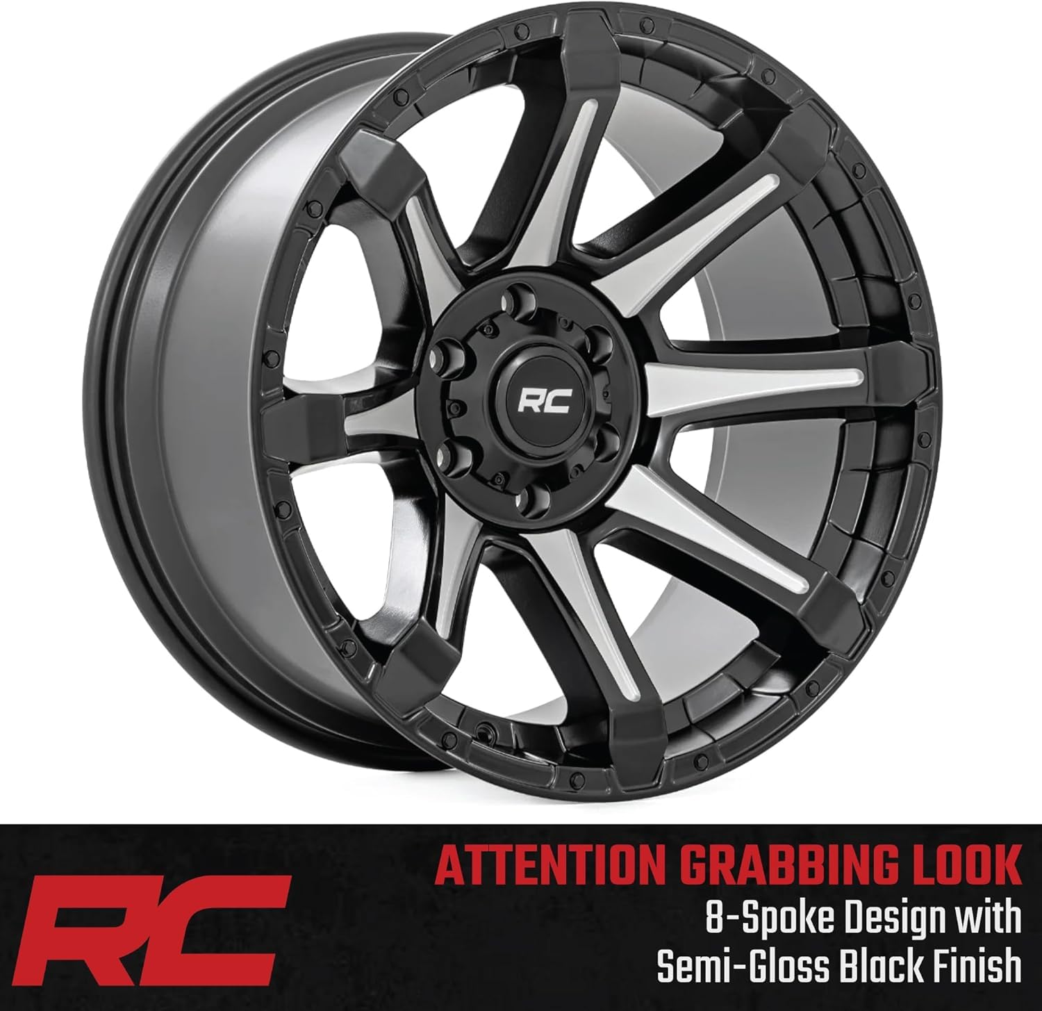 20x9 Rough Country Wheel w/Machined Spokes - 5x150mm Bolt Pattern, +18mm Offset, One-Piece Aluminum, Semi-Gloss Black Off-Road Rim for Trucks, Jeeps, SUV
