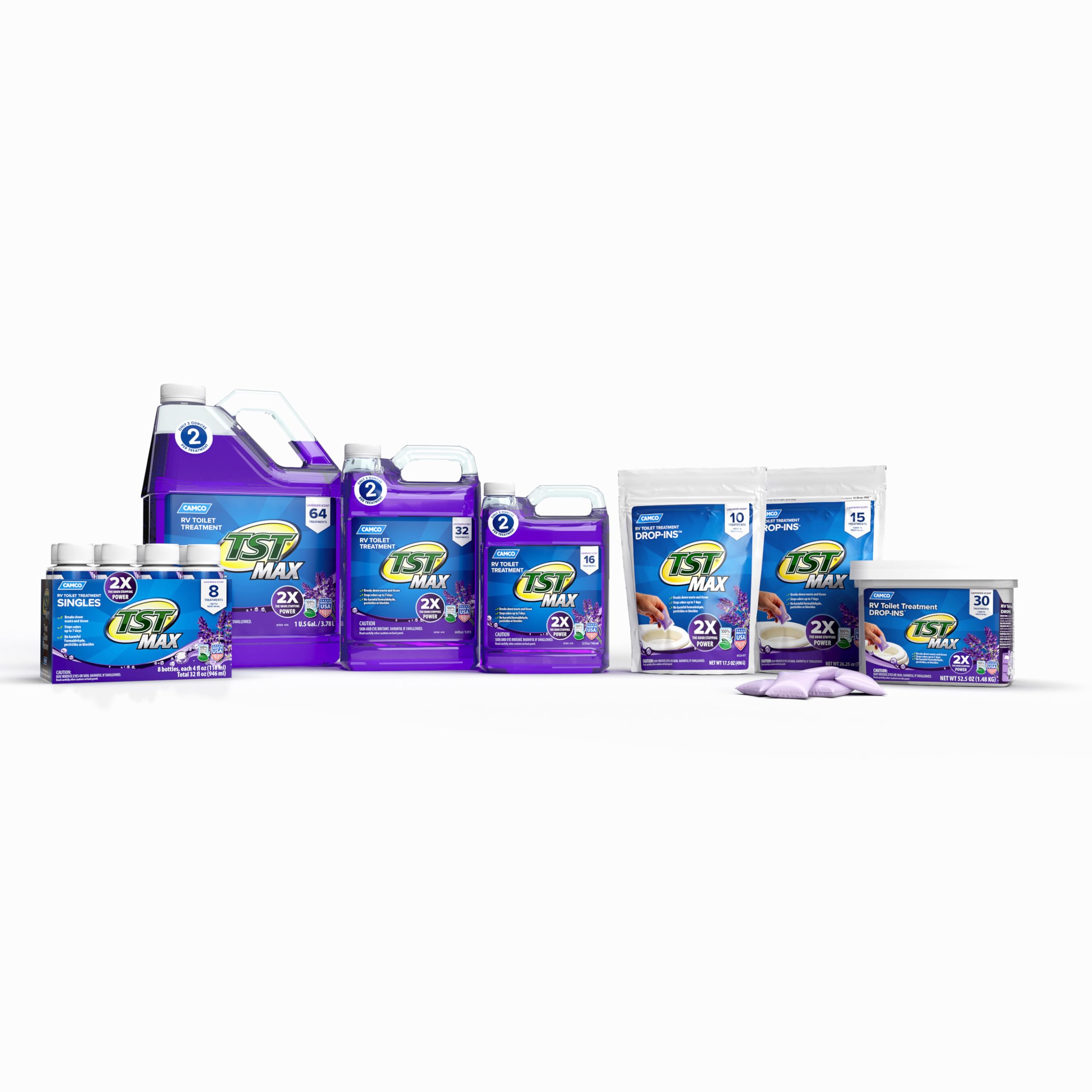 Camco TST MAX Toilet Treatment RV - Formaldehyde Free - Breaks Down Waste And Tissue - Septic Tank Safe - Treats up to 8-40 Gallon Holding Tanks -Lavender Scent, (8) 4 oz Bottles (41551)