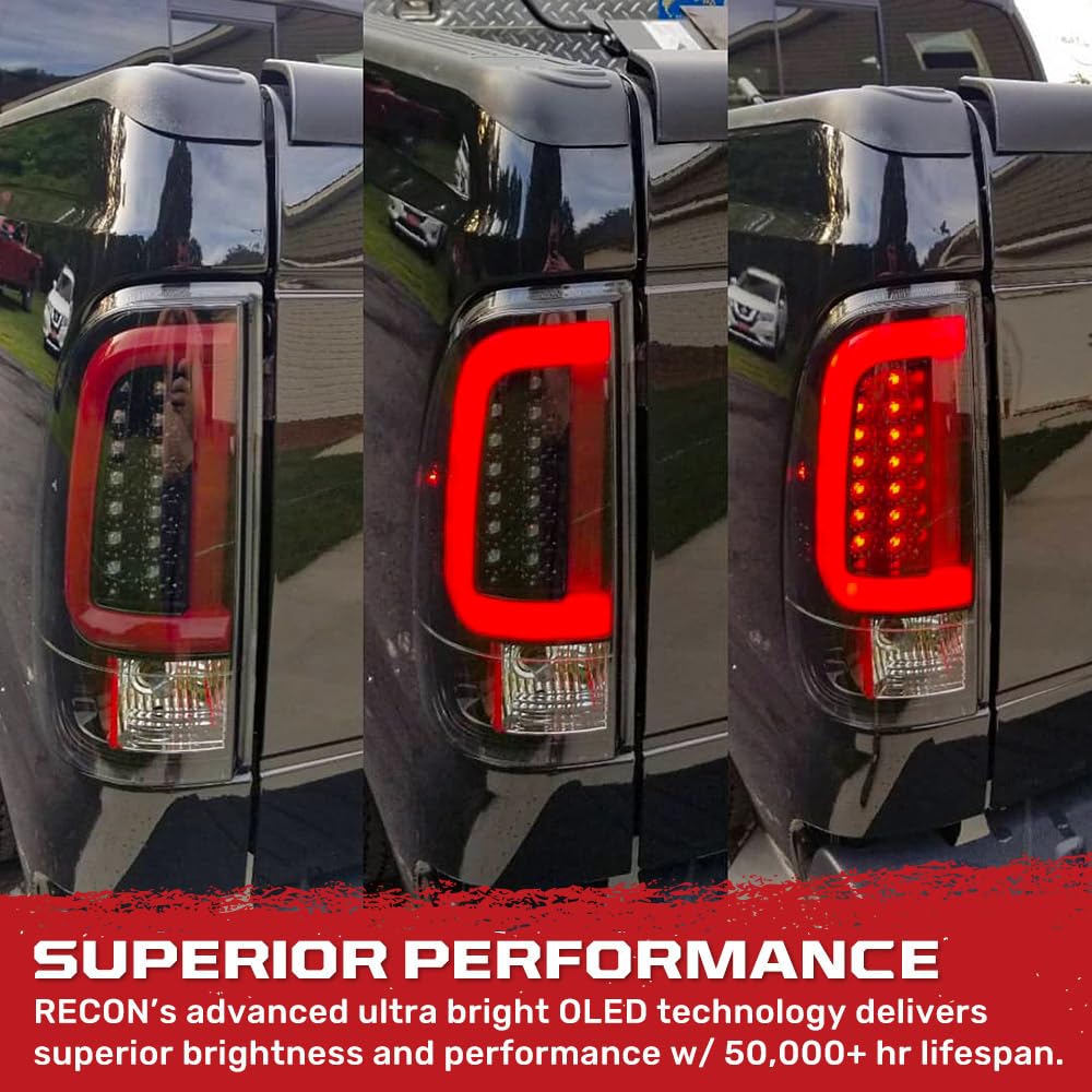 RECON - Premium Ultra Bright OLED Tail Lights Fits 1999-2007 Ford Super Duty (F250, F350, F450, F550) Red Turn Signals, Brake Lights, Running Lights (SMOKED LENS)