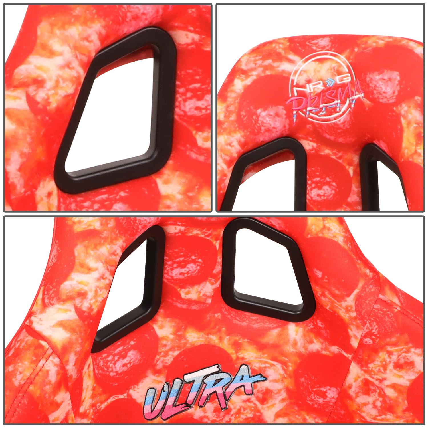 NRG Innovations FRP Bucket Seat NRG-FRP-302-PIZZA PRISMA-ULTRA Slice Edition with Gold Back Pizza Microfiber Finish Vegan Material Plus Phone Pockets. (Large)