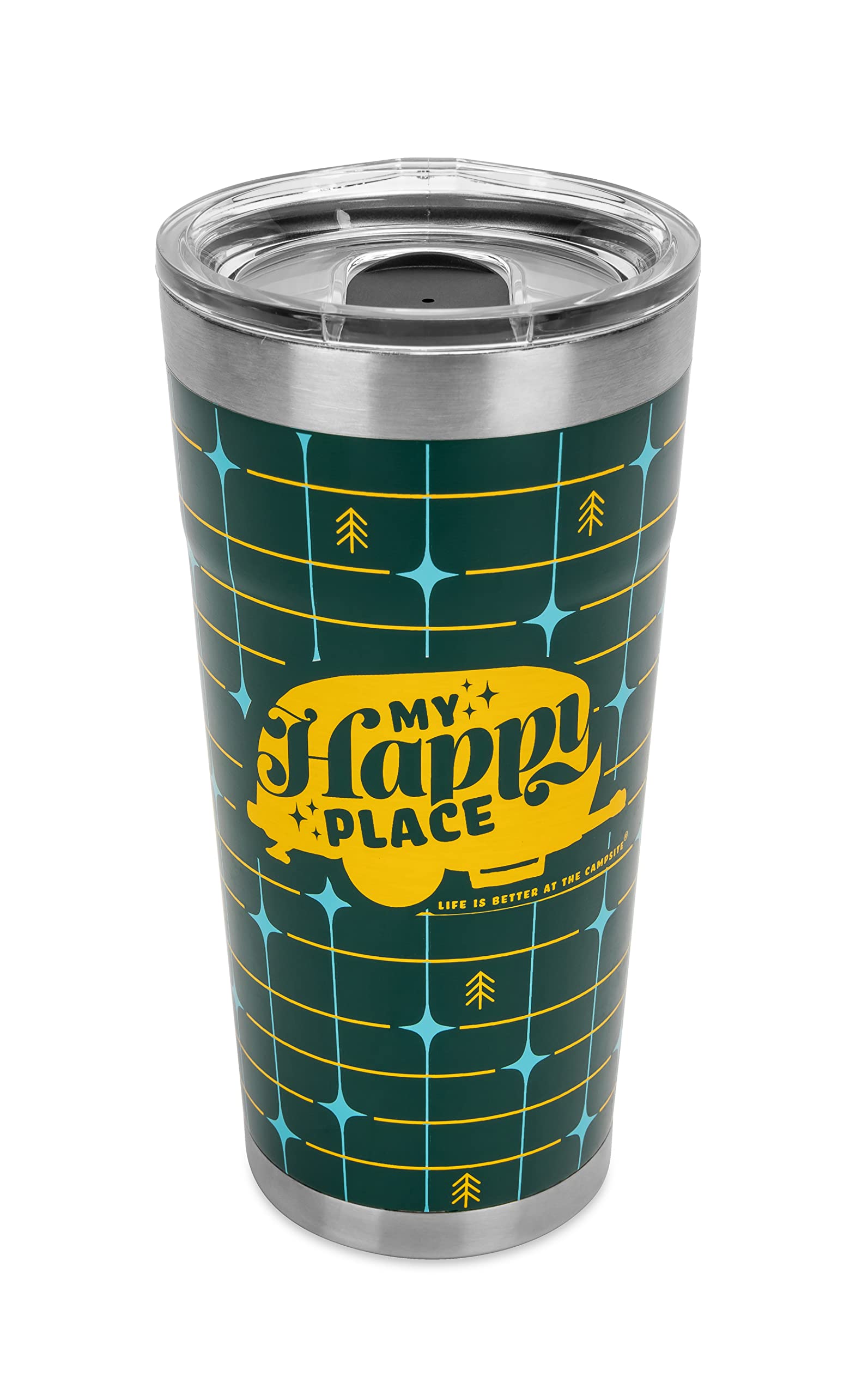 Wrapped Stainless Steel Tumbler Camco Life is Better at The Campsite - Features Double Wall Vacuum Insulation for Heat/Ice Retention & Unique My Happy Place Retro Plaid Design - Holds 20 oz. (53325)