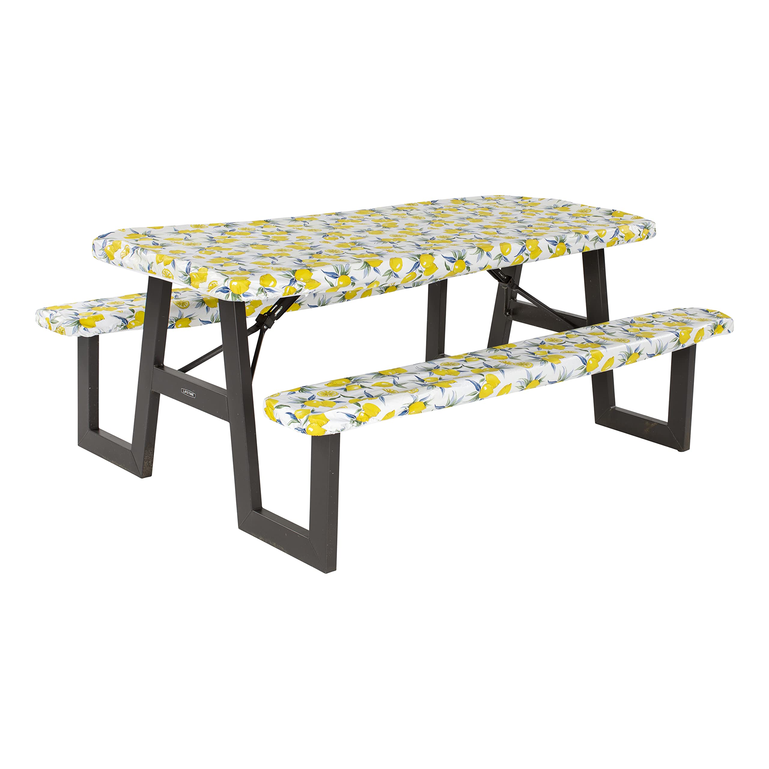 Vinyl Tablecloth Lippert with Bench Covers for Picnic Tables - Lemon Toss, Yellow