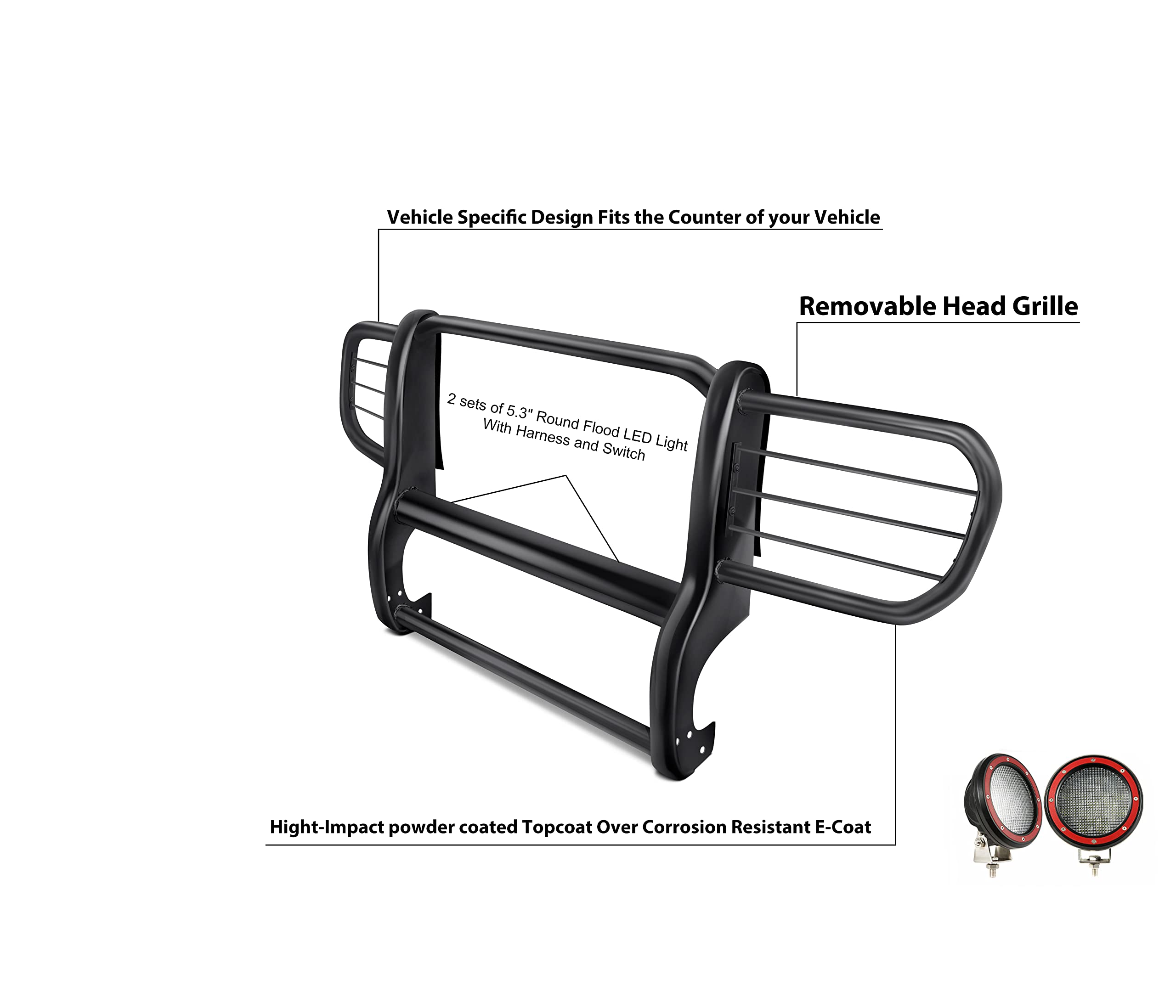 Bumper Guard Black Horse Grille Brush Modular Black Come with Pair of 5.3" Dia.LED Lights with Red Trim Rings Compatible with 2002-2007 Jeep Liberty-17EH26MA-PLFR