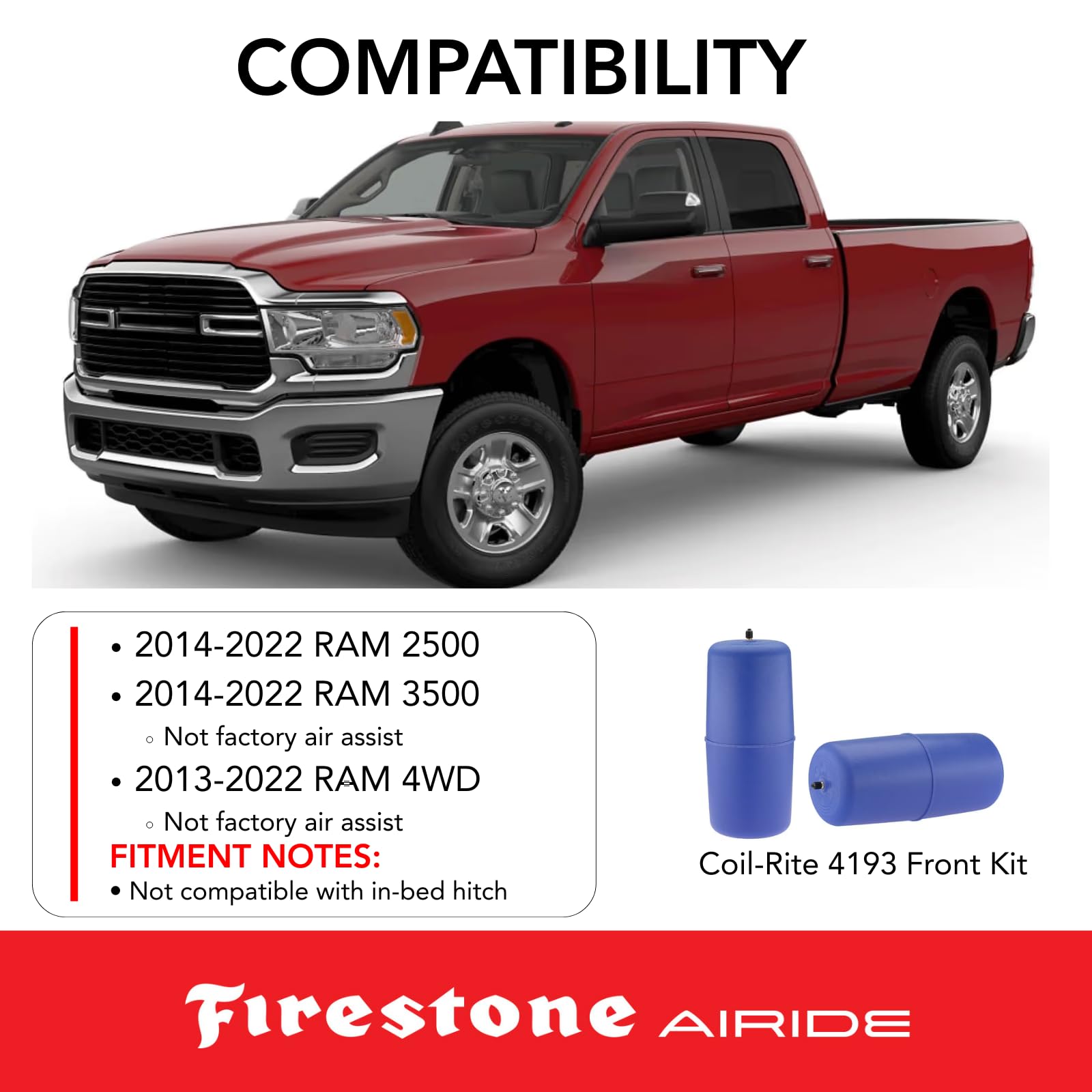 Firestone 4193 Airide Coil-Rite Front Springs Kit fits 2014-2022 Ram 2500 3500 | 5-35 PSI | Load Capacity of 1,000 Pounds | No Drill Installation | Made of Elastic Polyurethane