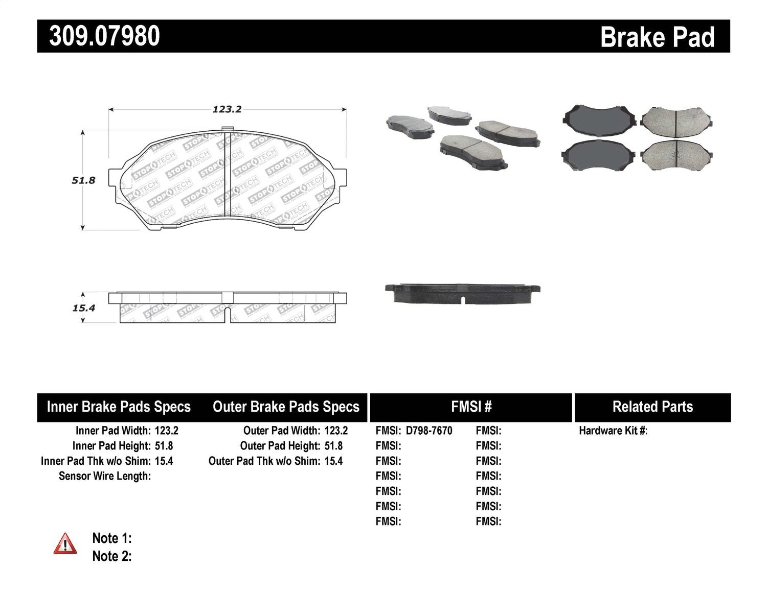 Sport Brake Pads StopTech 309.07980 with Shims and Hardware