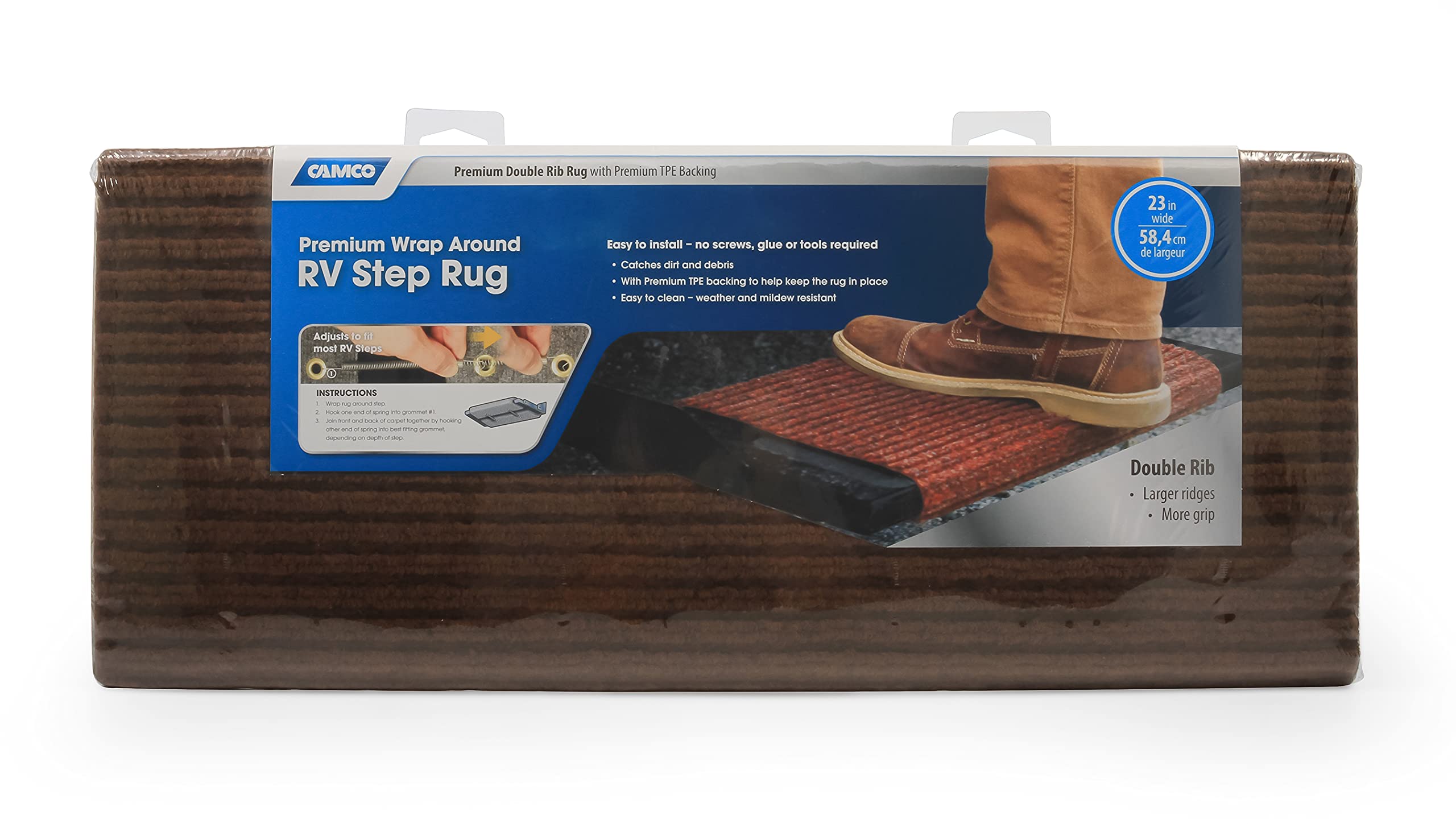 RV Step Rug Camco 42955 (Premium Wrap Around Double Ribbed, 100% Polyester (18" x 23") - Brown)