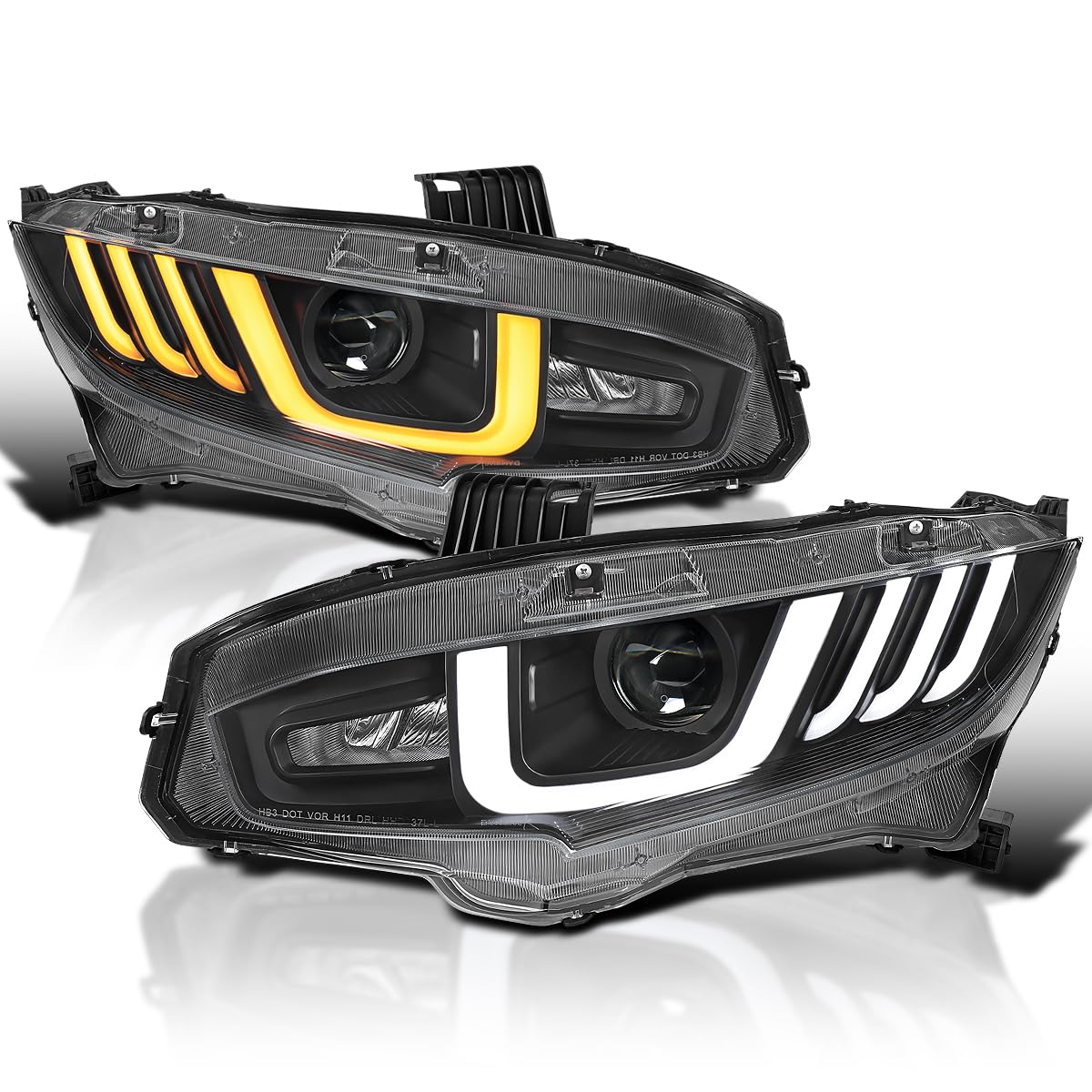 Black LED Tube Projector Headlights w/Switchback Sequential Signal SPEC-D TUNING Compatible with 2016-2021 Honda Civic Models with Factory Halogen Headlights Left + Right
