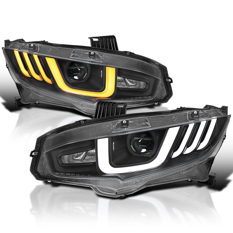 Black LED Tube Projector Headlights w/Switchback Sequential Signal SPEC-D TUNING Compatible with 2016-2021 Honda Civic Models with Factory Halogen Headlights Left + Right