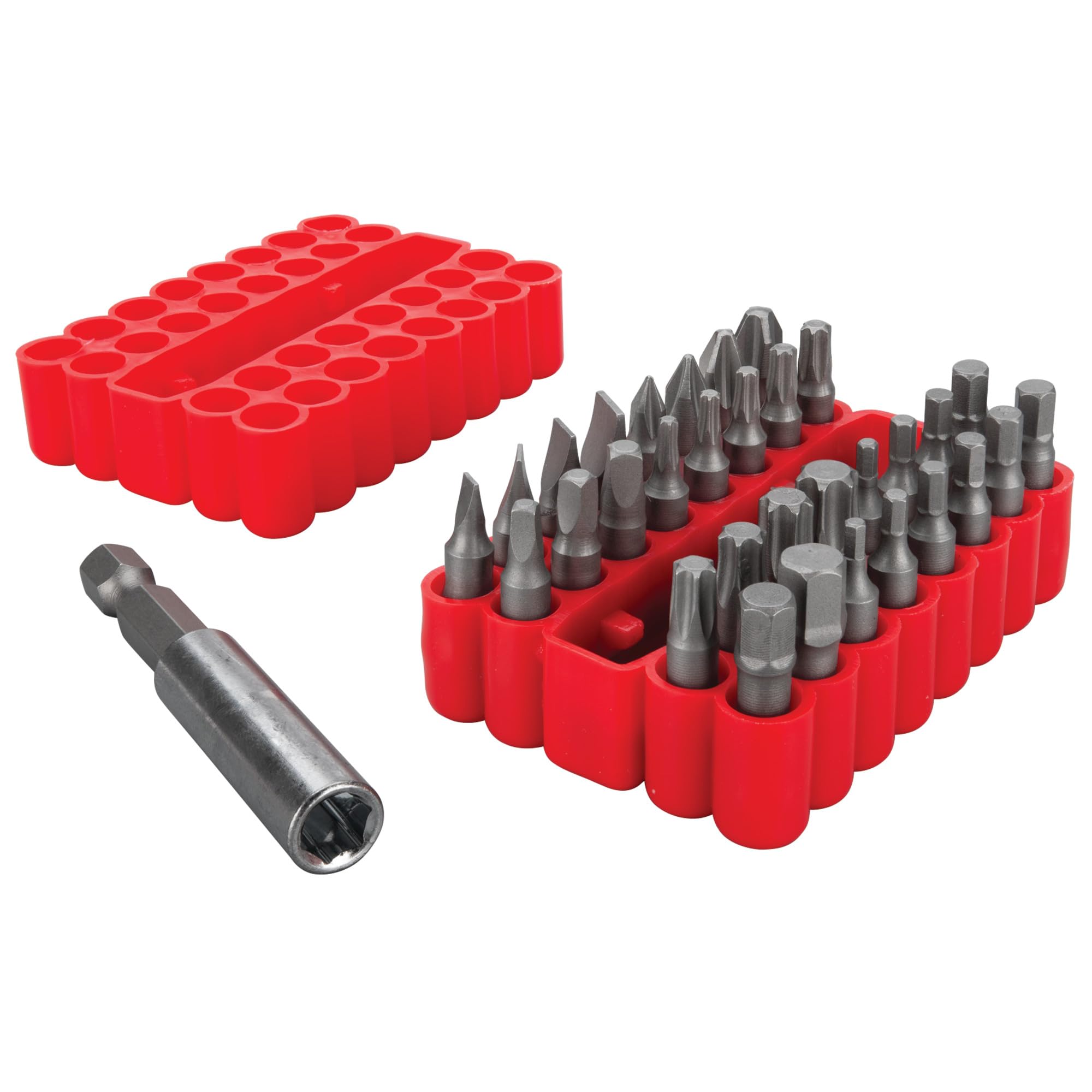 W8661 Performance Tool 33-Piece Impact Torsion Bit Set, S2 Steel, 1-Inch Phillips, Slotted, Star, Square, Metrix Hex, SAE Hex Bits, 2-1/2 Inch Magnetic Bit Holder, 2-Sided Rubber Case, Red