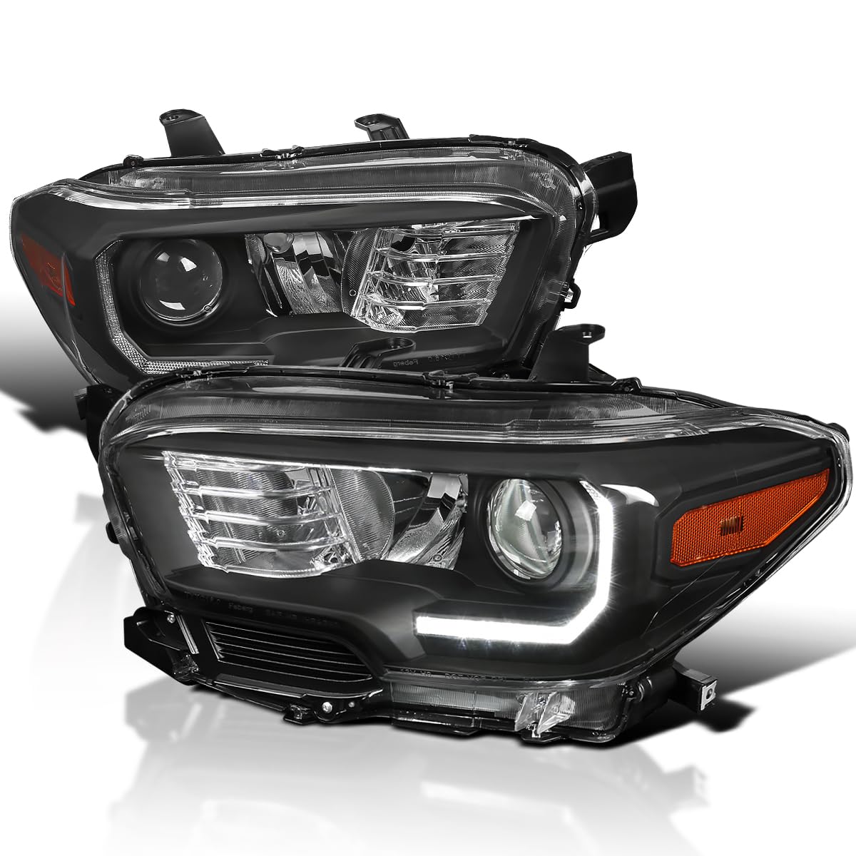 Black SPEC-D TUNING Projector Headlights w/LED Strip Compatible with 2016-2022 Toyota Tacoma with factory LED daytime running lights, Left + Right Pair Headlamps Assembly