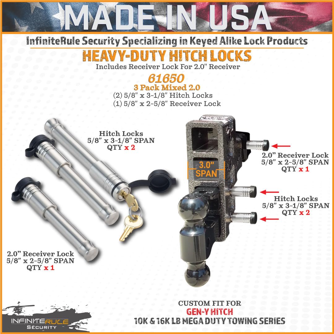 Security InfiniteRule 61650 | 3 Pack Mixed 2.0, Keyed Alike, Hitch Locks for Gen-Y Hitch Mega Duty 10K LB & 16K LB Series - Includes Lock for 2.0" Receiver