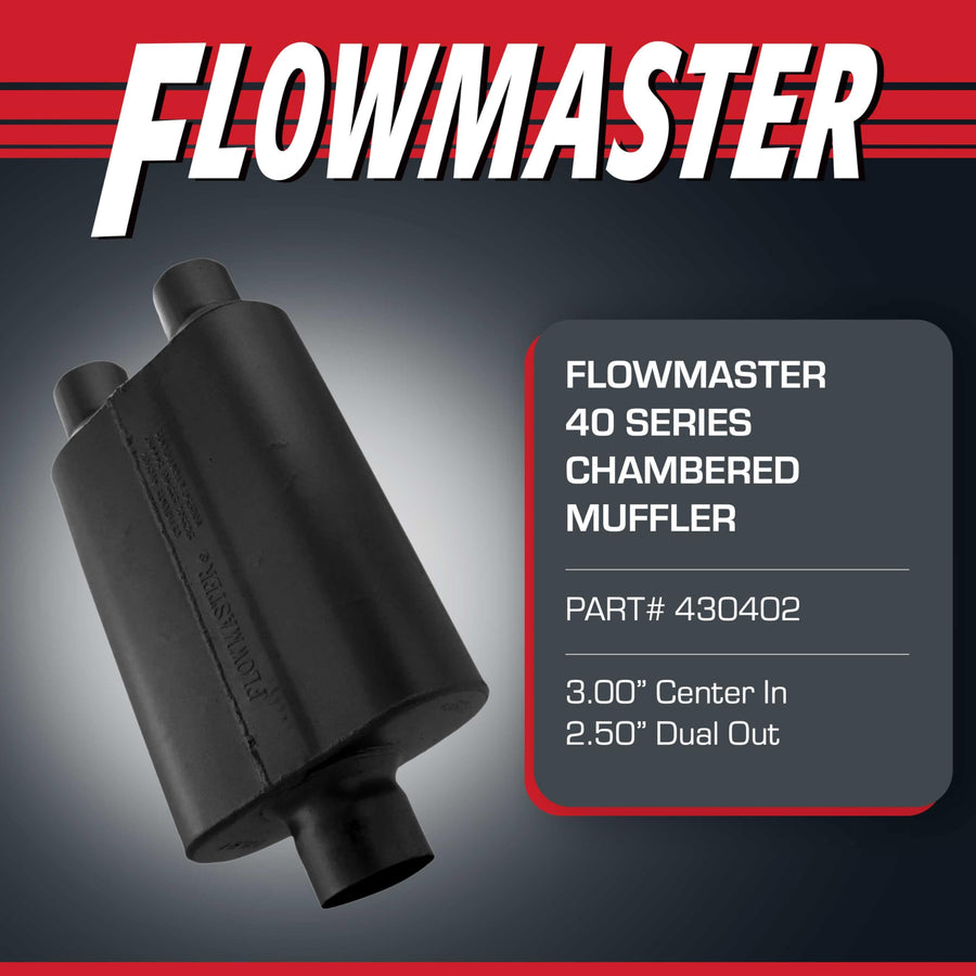 40 Series Flowmaster Original Chambered Muffler – 3.00” Center In / 2.50” Dual Out – Aggressive Sound – 16-Gauge Aluminized Steel – For Muscle Cars, Street Rods, Trucks, SUVs & Strip Builds (430402)