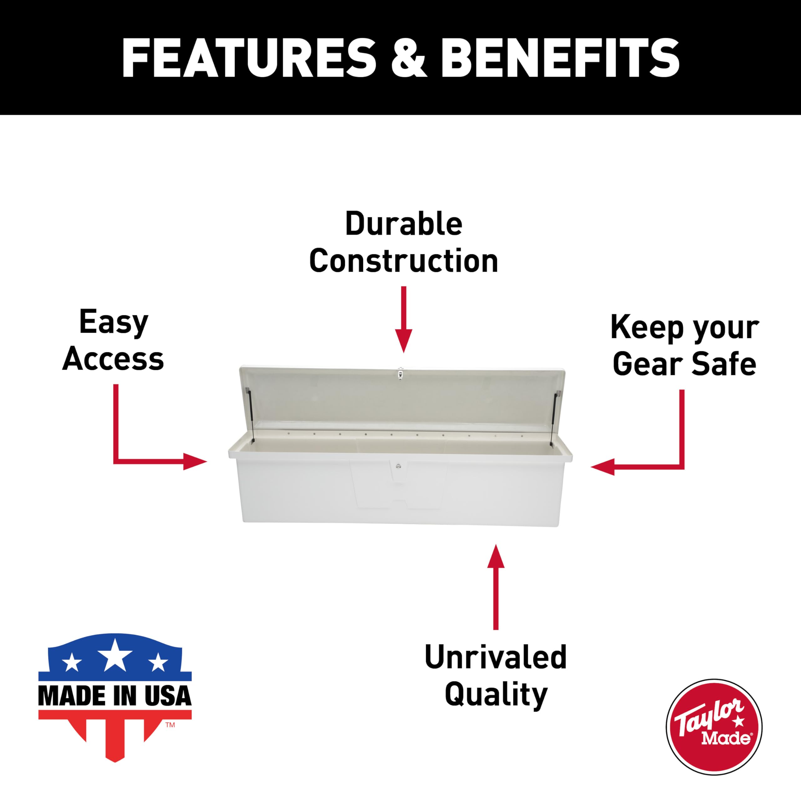 Taylor Made Standard Stow N’ Go Fiberglass Dock Box, Extra Large (24" H X 95" W X 22" D), White, Smooth Interior Finish, Lockable Latch, Stainless-Steel Hardware - 83559