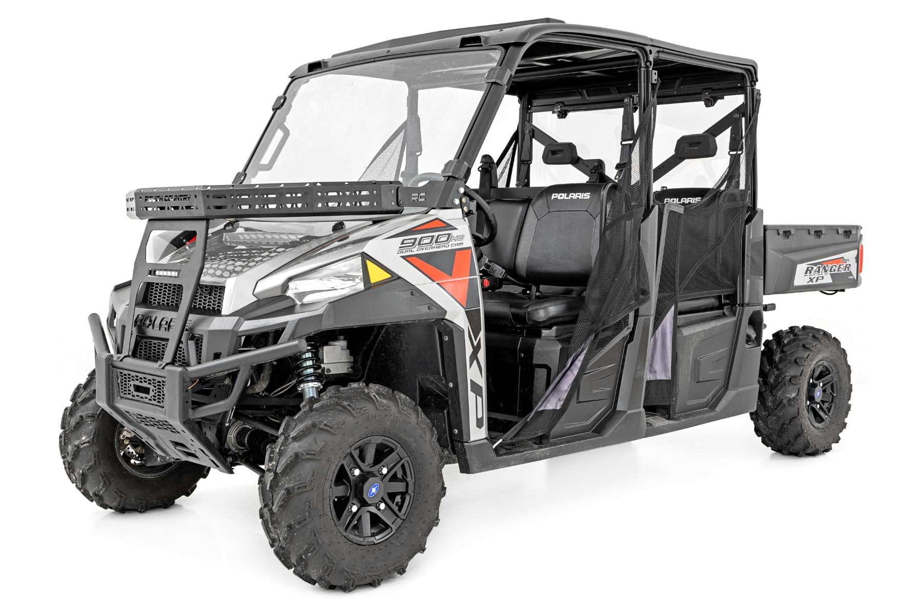 Rough Country Cargo Rack Kit Front for Polaris Ranger XP 900/XP 1000 - Rugged Design with 6" Slimline LED Light Bar & Mesh Tie-Down Panels