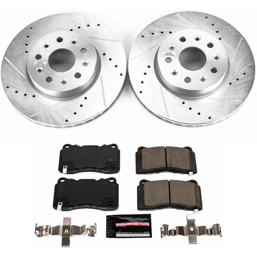 Power Stop K7882 Z23 Carbon Fiber Brake Pads with Drilled & Slotted Brake Rotors Kit For Cadillac CT6 2016-2019 [Model Specific]