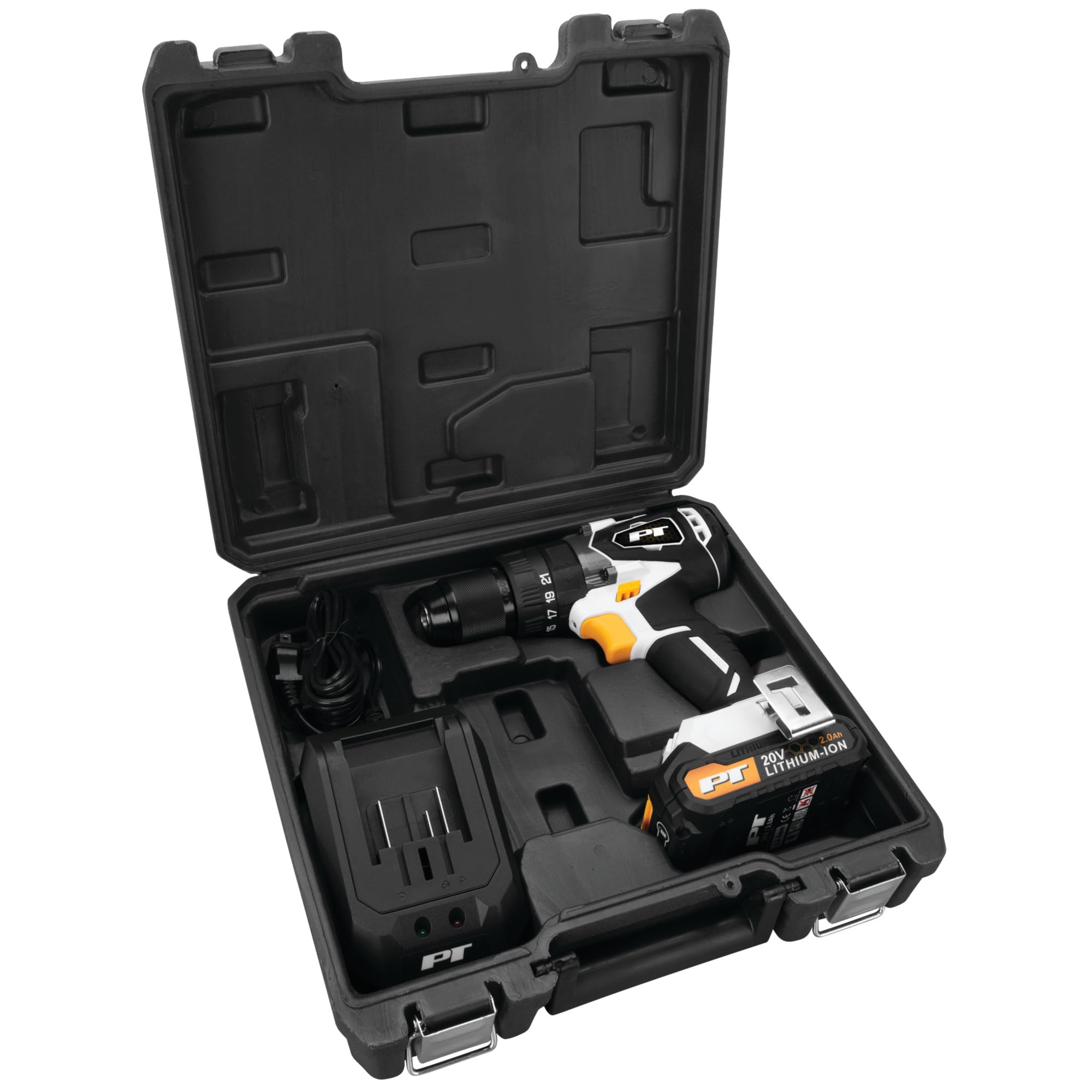 20V Li-Ion Performance Tool W7722 1/2-in Brushless Hammer Drill: 708 in-lb Torque, 2-Speed, Keyless Chuck, 20V, USB-C Quick Charge, Built-In Hook, Storage Case, Black/White