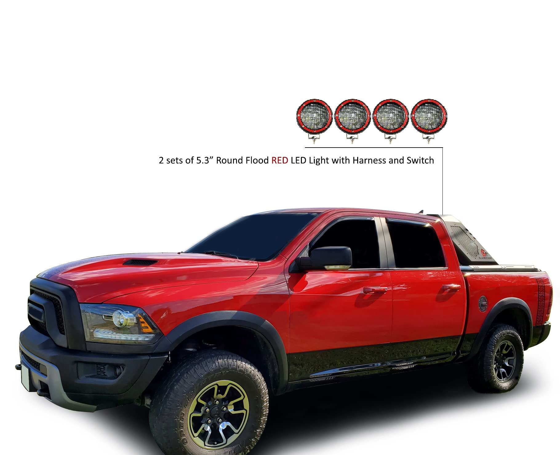 Vigor Black Horse Roll Bar Incl. Set of 5.3" Dia.led Lights w/Red Trim Rings Modular Black Compatible with 07-25 Silverado 1500|Sierra 1500|09-10 Ram 1500|11-25 Ram 1500|09-25 F-150|07-25 Tundra