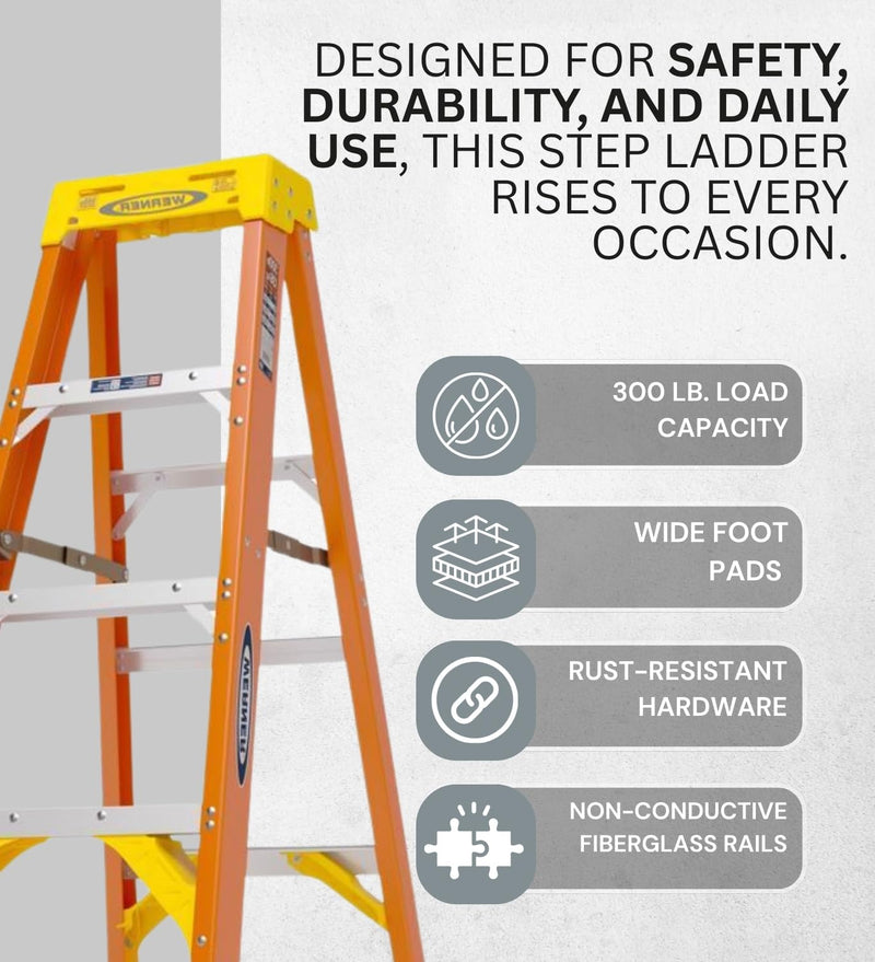 6204 Werner stepladders, 4' Length, 19.92" Base Width, 7" Height, Orange, 4 Ft