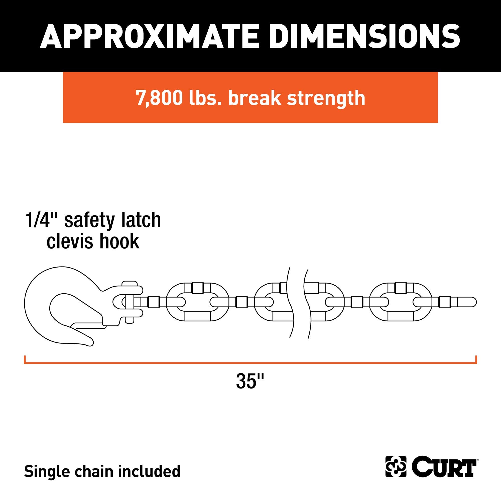 CURT 35-Inch Trailer Safety Chain with 1/4-In Clevis Snap Hook, 7,800 lbs Break Strength