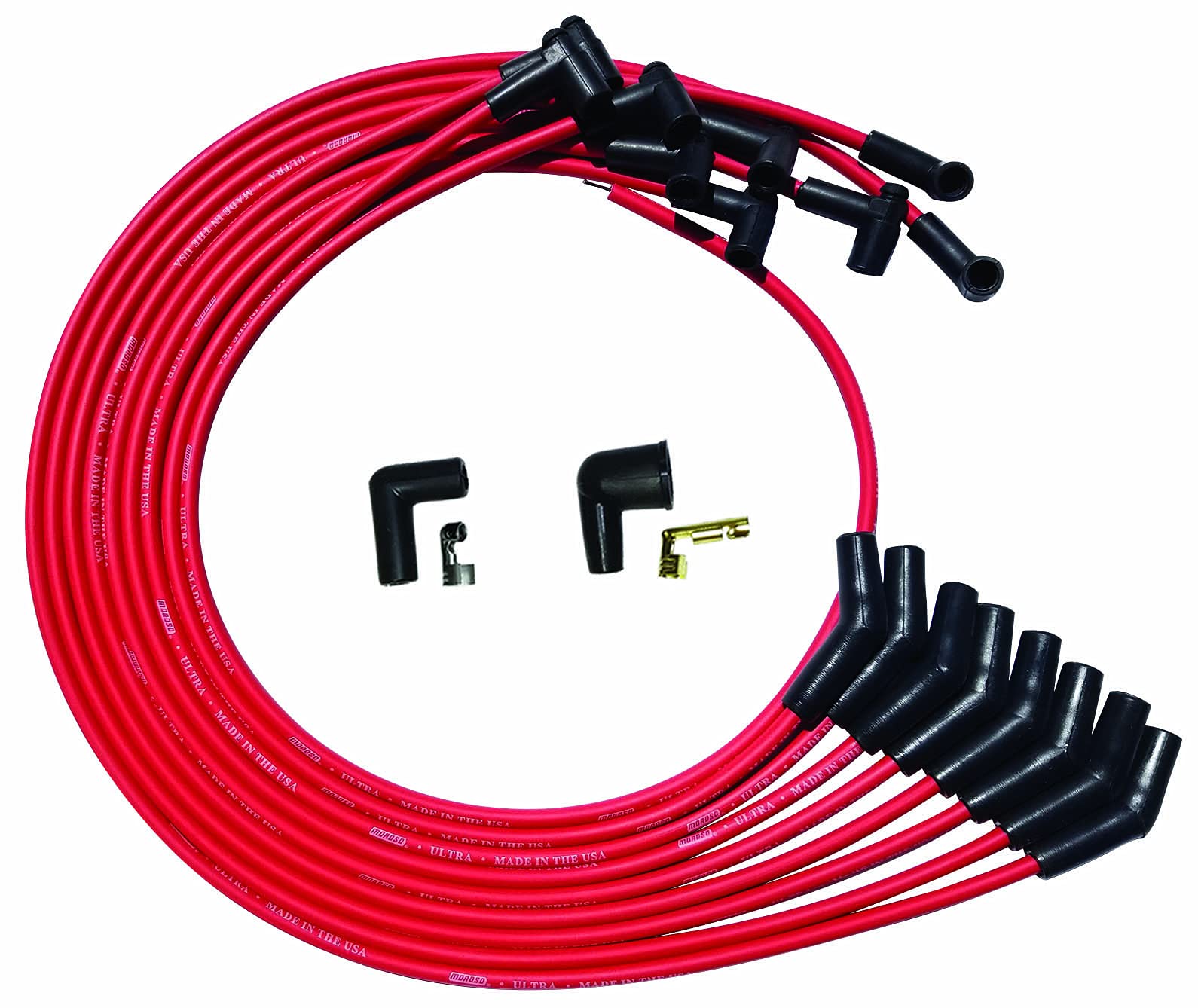 Moroso Ultra Series 52045 Red Spark Plug Wires, Big Block Chevy, Under Header Routing, 135 Degree Plug Ends, HEI Distributor